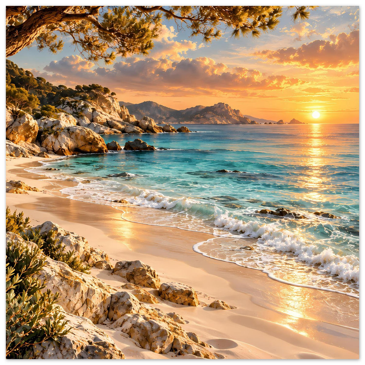 Querformat-Strandposter mit Sandstrand, Felsen und Sonnenuntergang über dem Wasser
