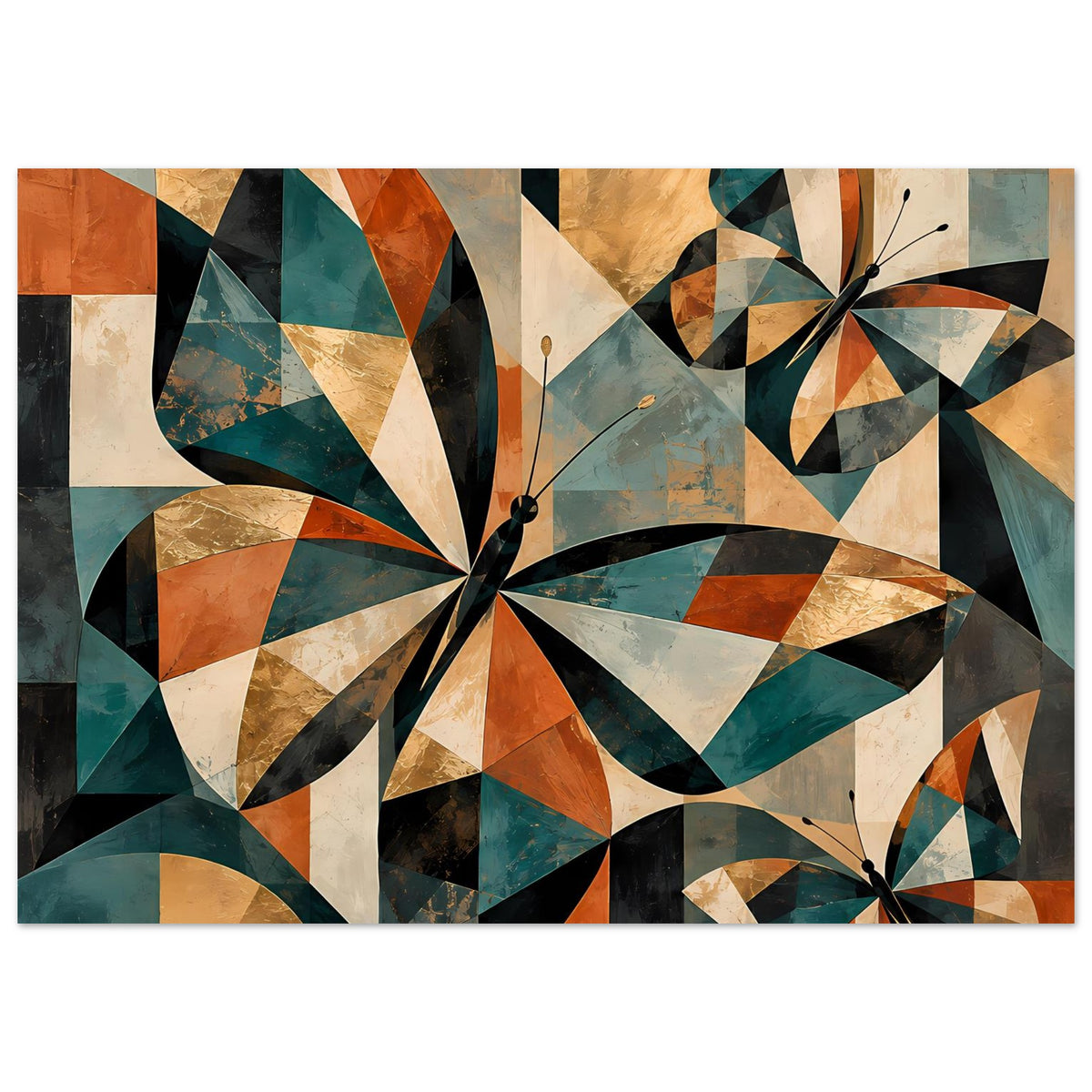 Kunstposter mit geometrischem Schmetterlingsmotiv in warmen Erdtönen, breite Ansicht.