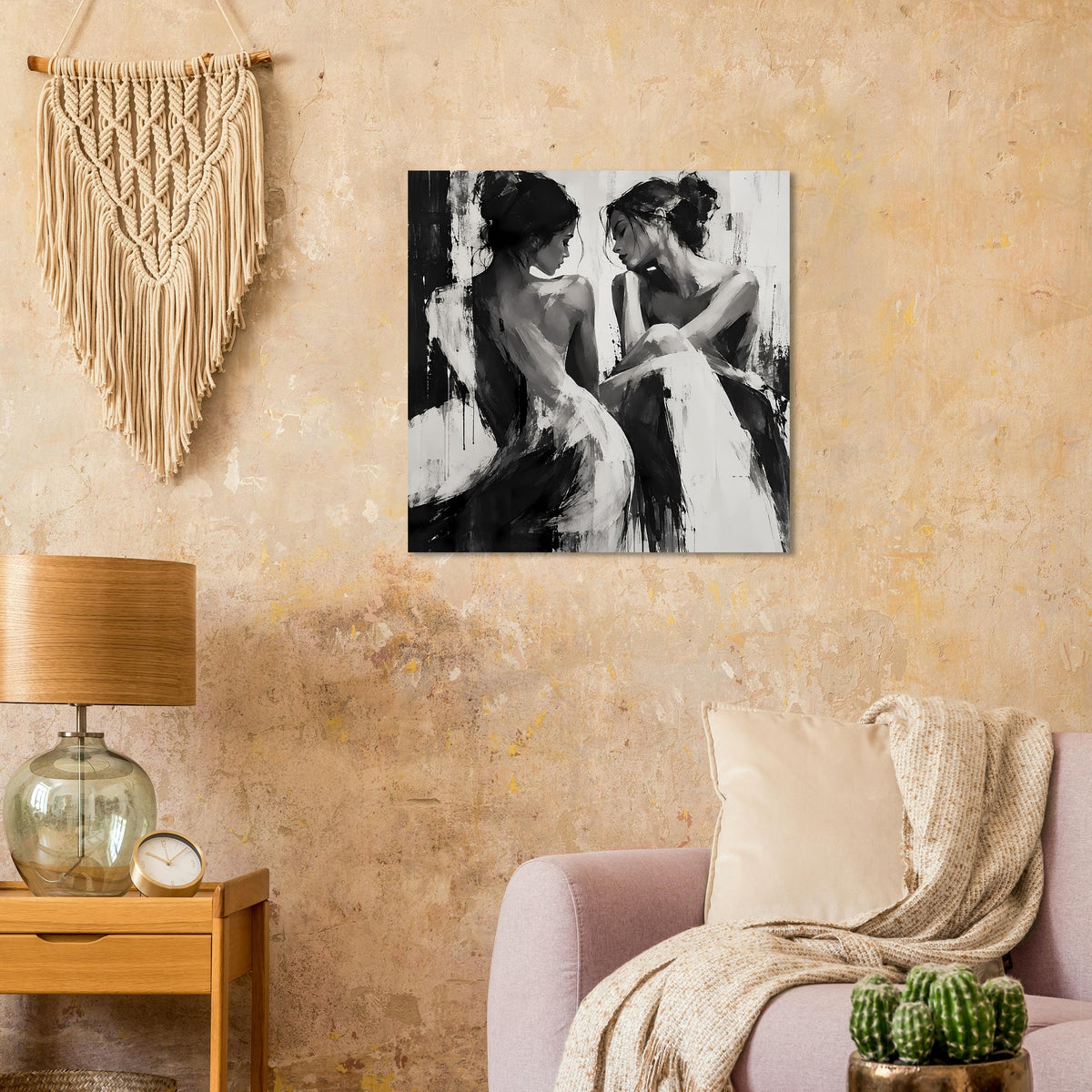 Schwarzweiß-Porträt-Poster: zwei Frauenfiguren in Pinselstrich-Optik