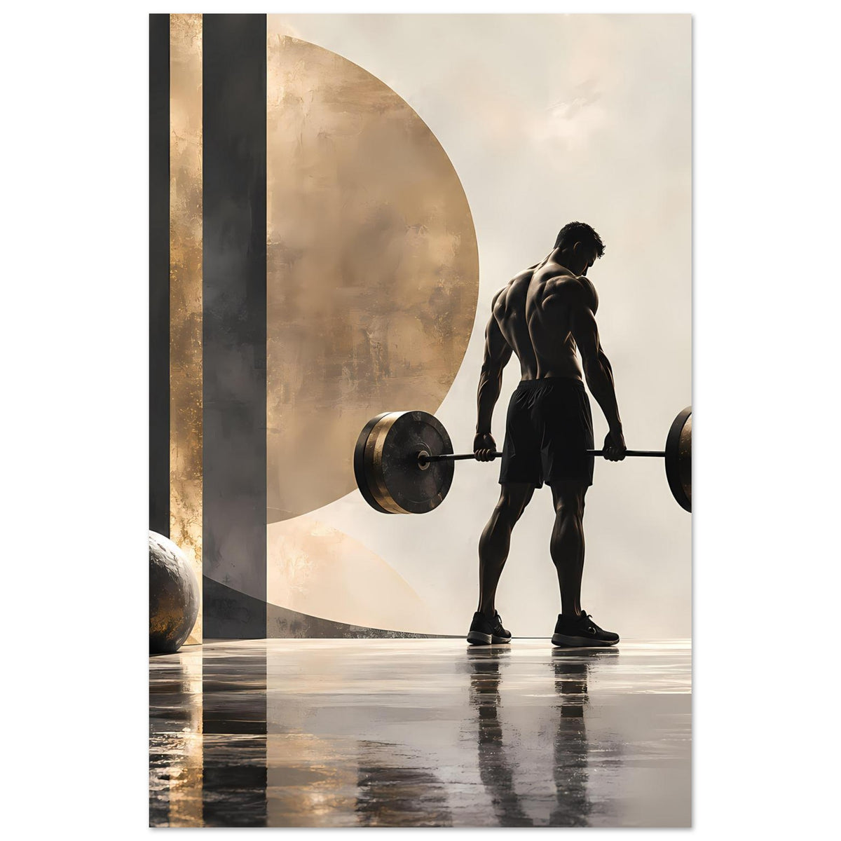 Krafttraining-Poster (hochkant): Teilansicht der Person-Silhouette mit Langhantel und goldenem Halbkreis