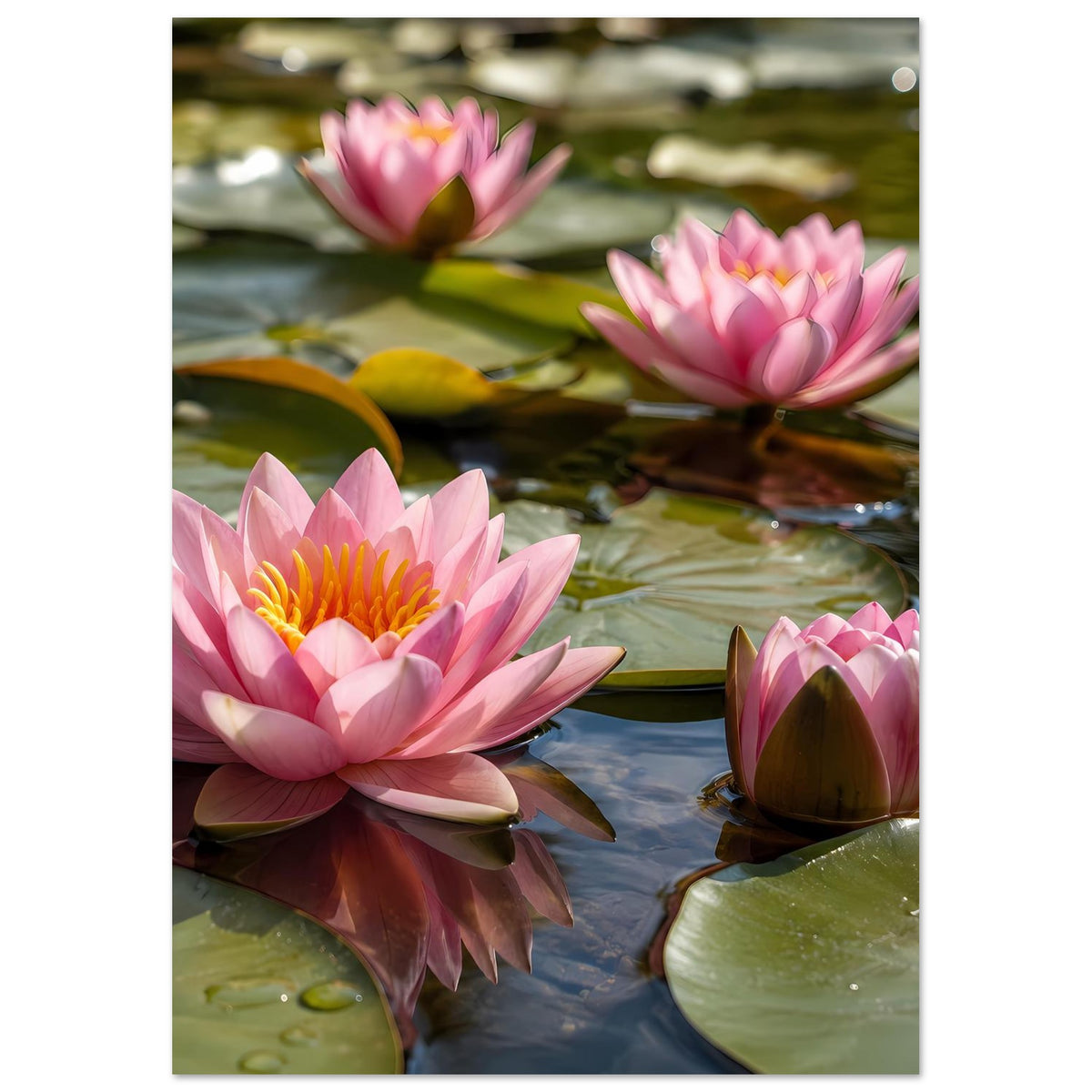 Posterdetail: zwei rosa Seerosen auf Wasser, gelb-oranges Blütenzentrum und grüne Blätter