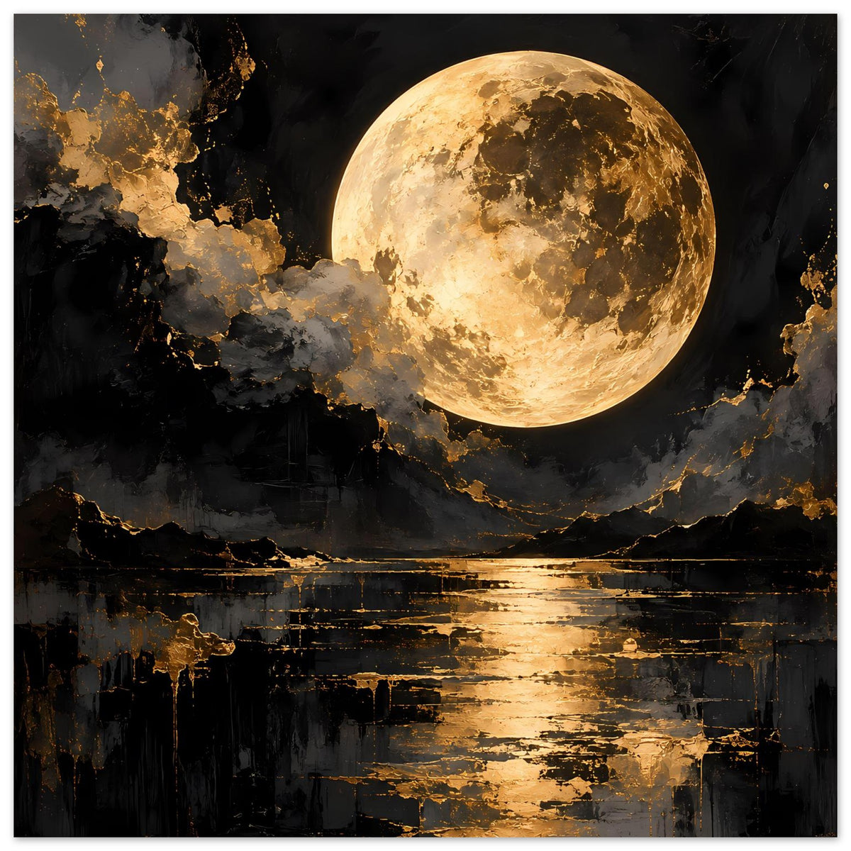 Quadratisches Wandposter mit goldener Vollmondscheibe, Wolkenfelsen und reflektierendem Fluss