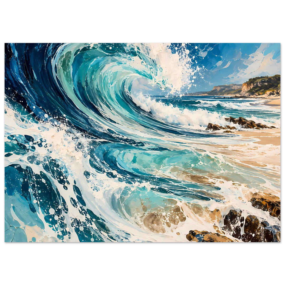 Ozean-Poster mit kraftvoller blauer Welle, schäumenden Partien und Felsen