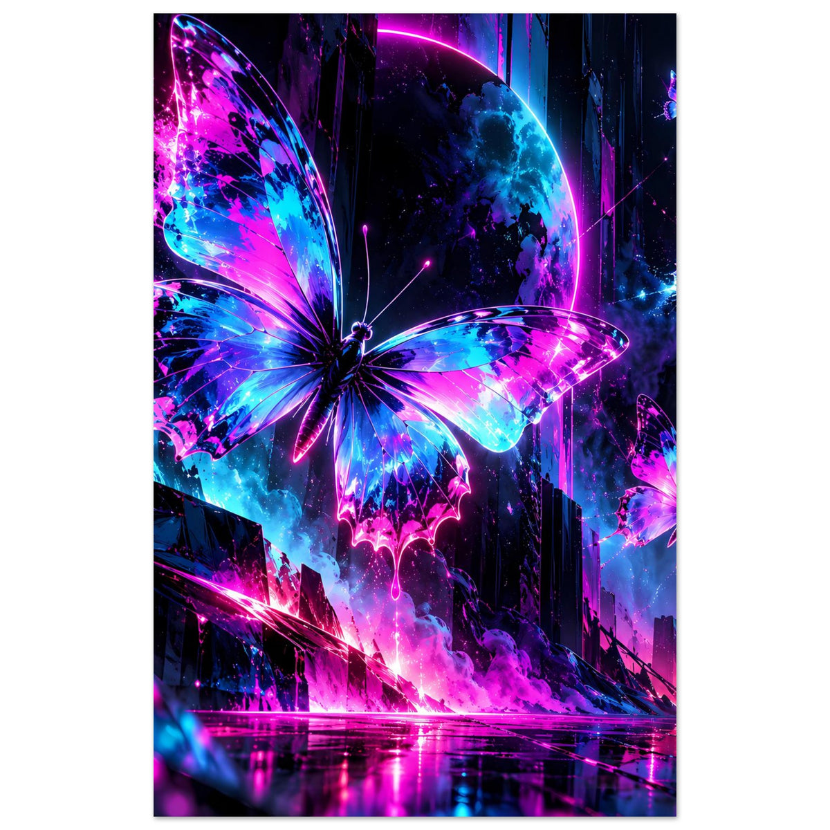 Neon-Schmetterlingsposter, vertikal: großer Schmetterling in Blau-Pink und weitere Falter rechts