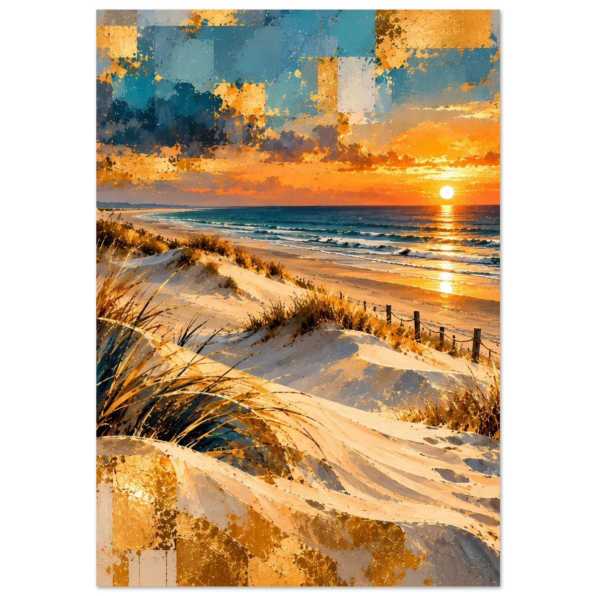 Poster im Hochformat: Dünen mit Strandgras, ruhiges Meer und goldener Sonnenuntergang