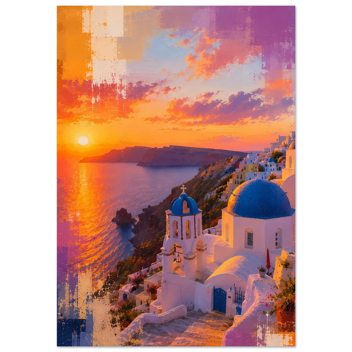 Poster: Sonnenuntergang am Meer, weißes Gebäude mit blauem Kuppeldach und Glockenturm
