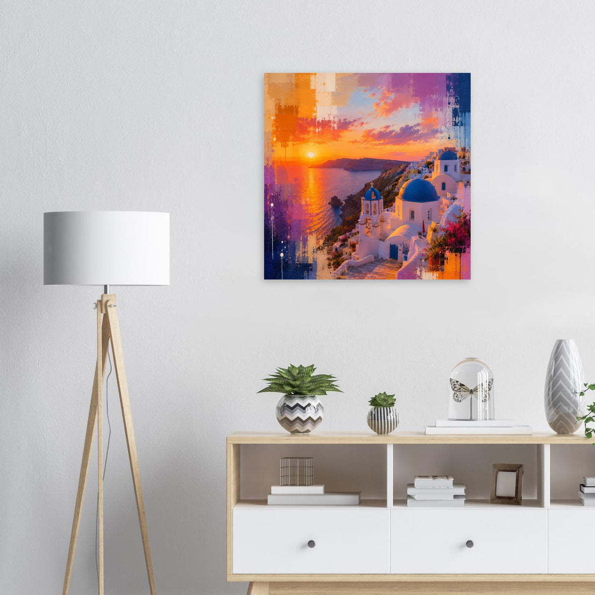 Quadratisches Poster: Sonnenuntergang am Wasser, Küste mit weißen Gebäuden und blauen Kuppeln