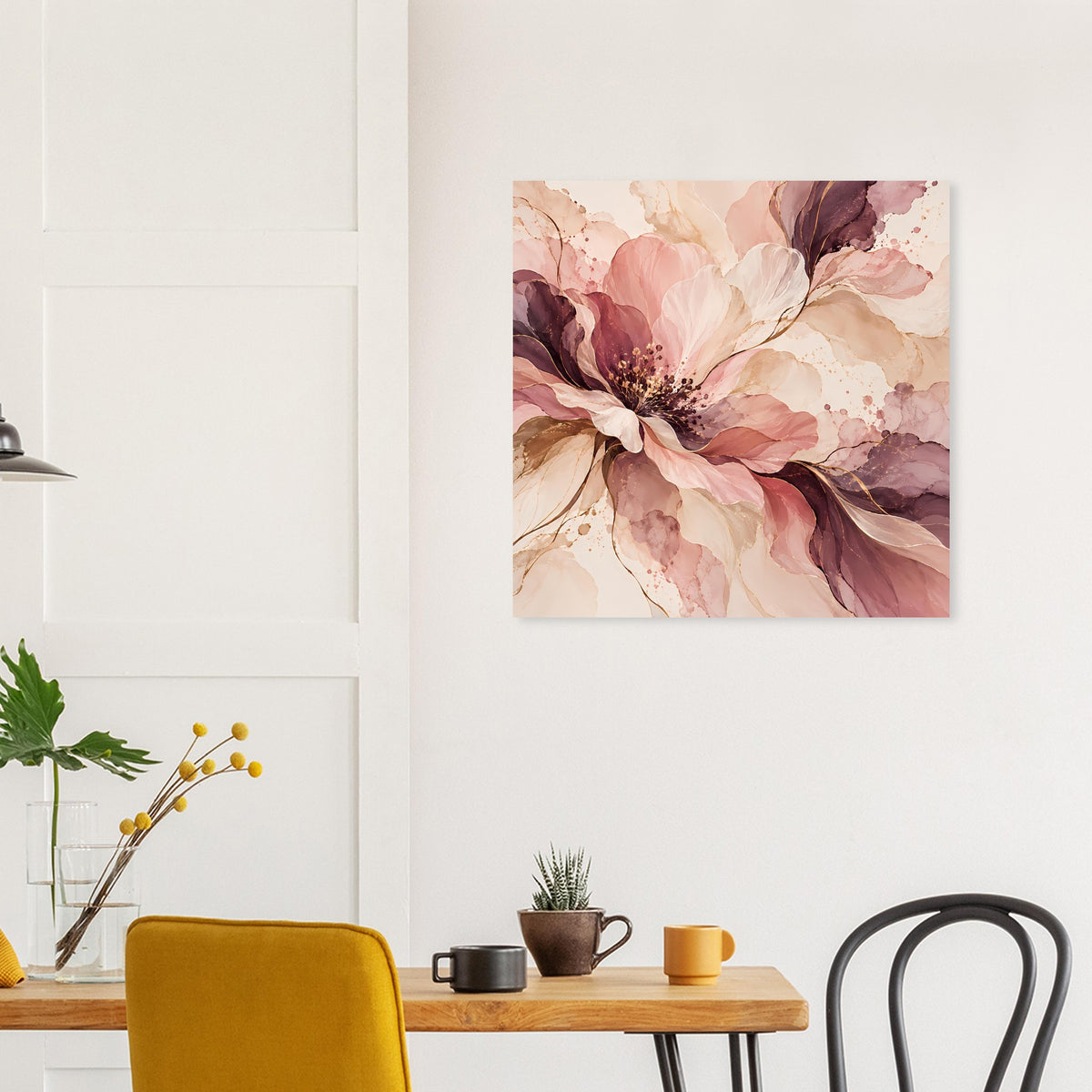 Blütenposter mit rosa und beerenfarbenen Blüten, quadratisch an heller Wand