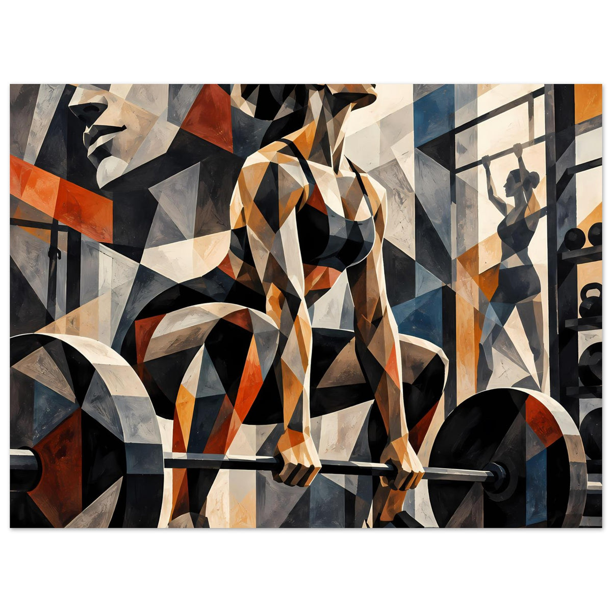 Abstraktes Fitness-Poster mit geometrischen Mustern und Langhantel, Schwarz/Orange/Blau