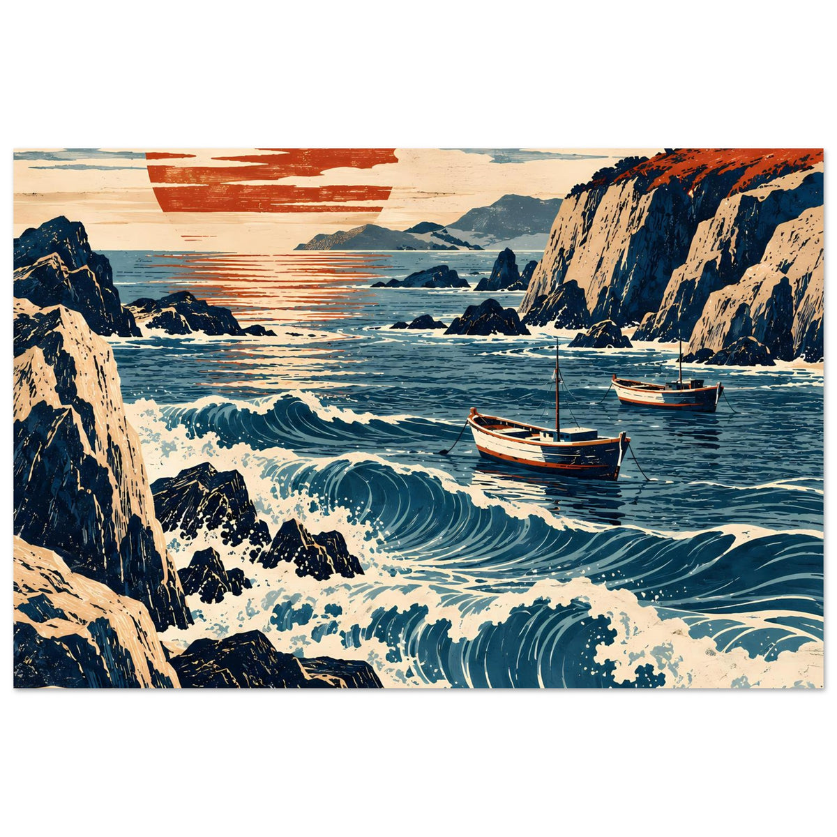 Poster mit dramatischer Küste: orangefarbene Sonne, Klippen, schäumende Wellen und zwei Boote