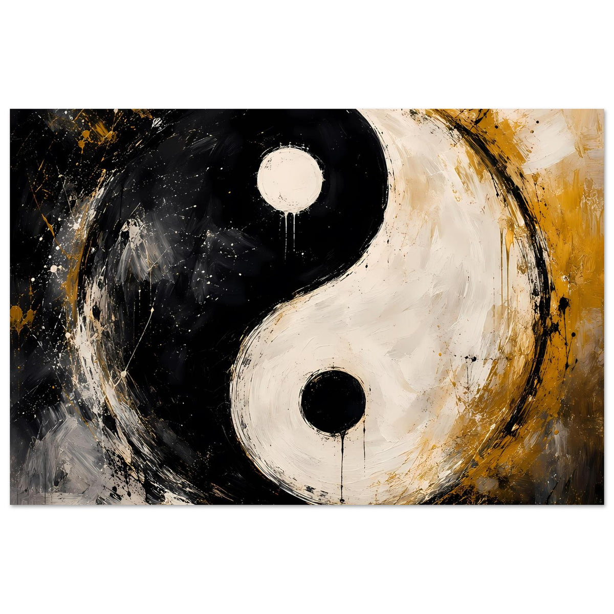 Abstraktes Yin-Yang-Poster mit schwarzer und weißer Form, umrahmt von Goldspritzern