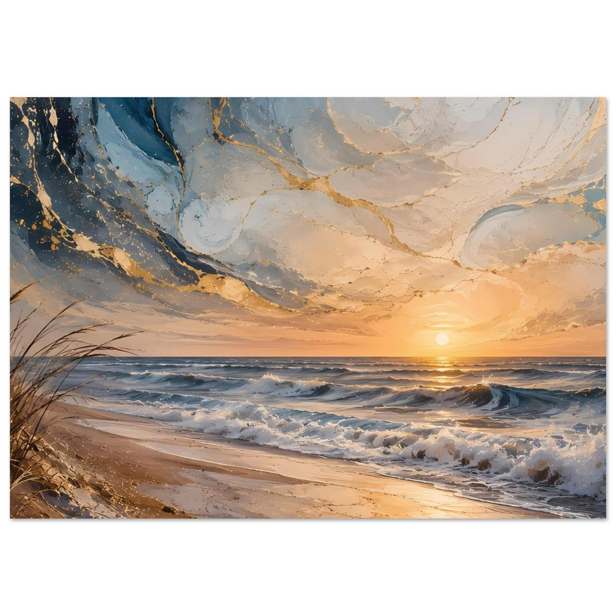 Meerstrand-Poster im Querformat: goldene Wellen, Strand mit Gräsern vorn, Sonnenuntergang