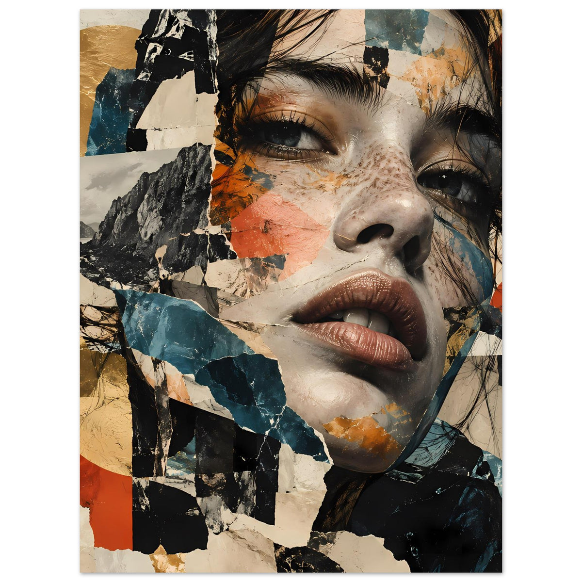 Abstraktes Collage-Porträtposter, Gesicht und Lippen im Fokus, Terrakotta und Blau.