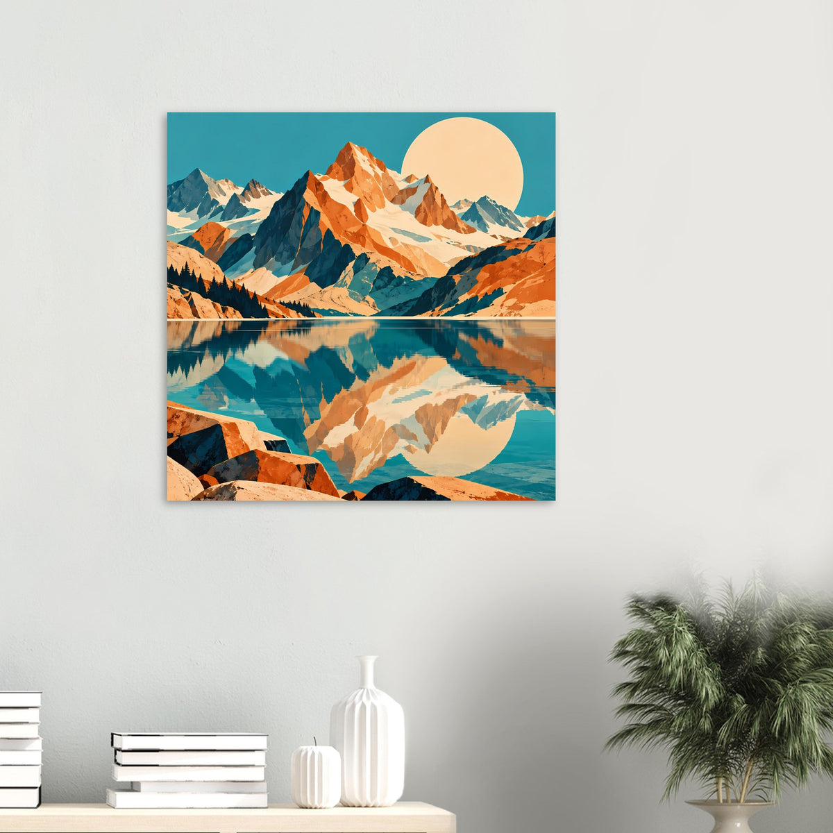 Naturposter im Quadrat mit Bergmotiv, See-Spiegelung und Sonnenscheibe, Blau und Orange
