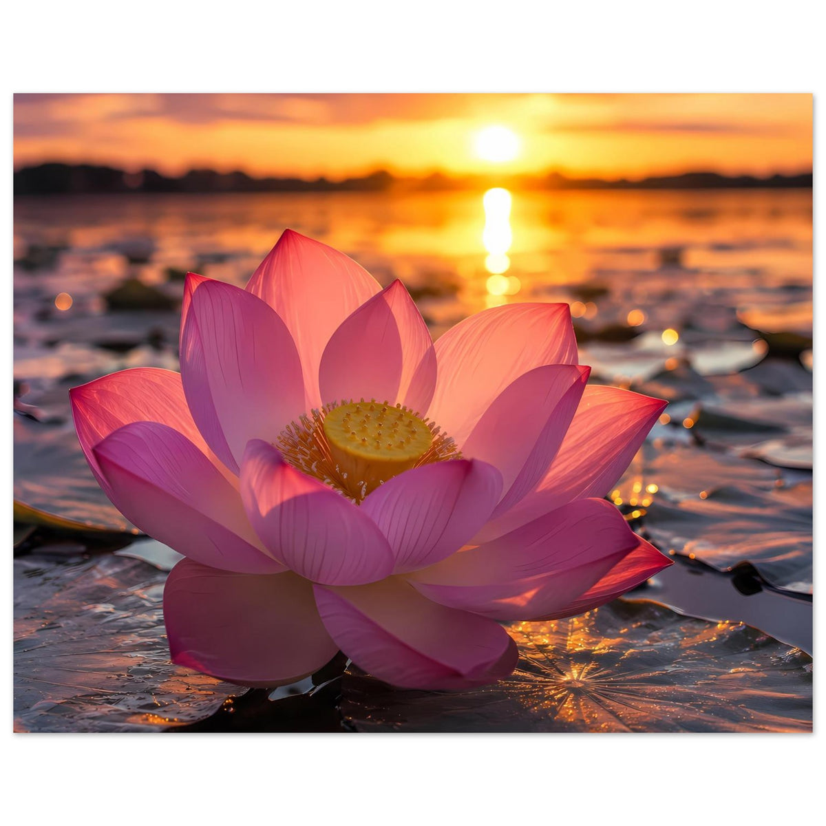 Panoramaposter: Lotusblüte in Rosa und Lila mit warmem Sonnenlicht