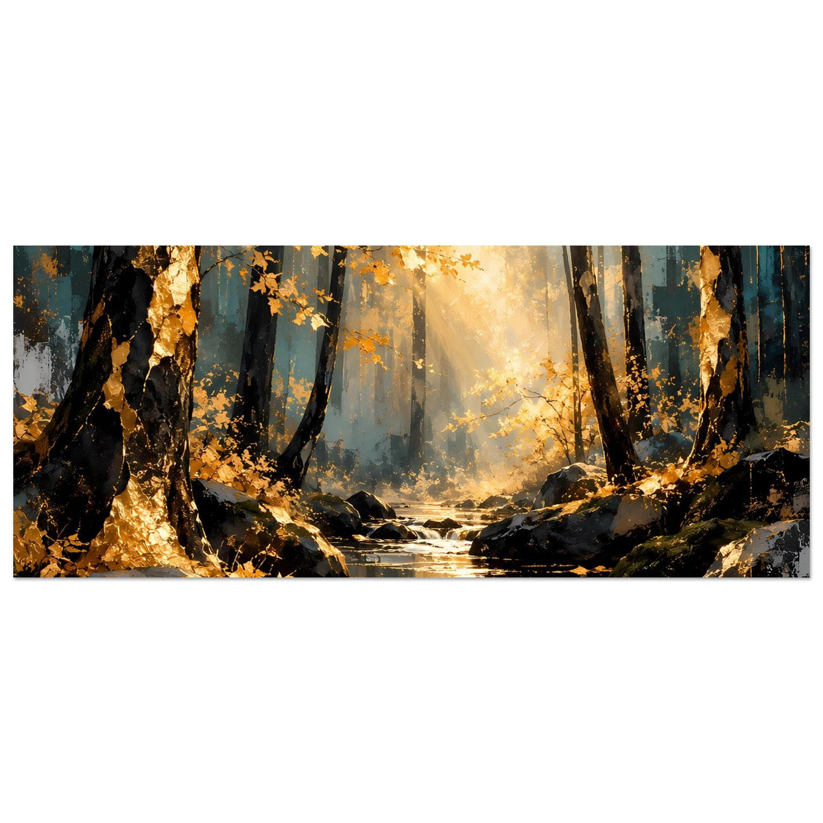Horizontales Poster mit Herbstwaldszene, goldenem Licht und Bach zwischen Felsen