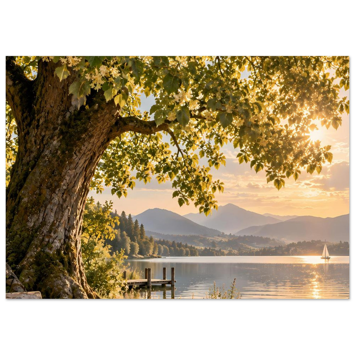 Naturposter: Baum und gelbe Blätter über See, Berge im Hintergrund, Steg
