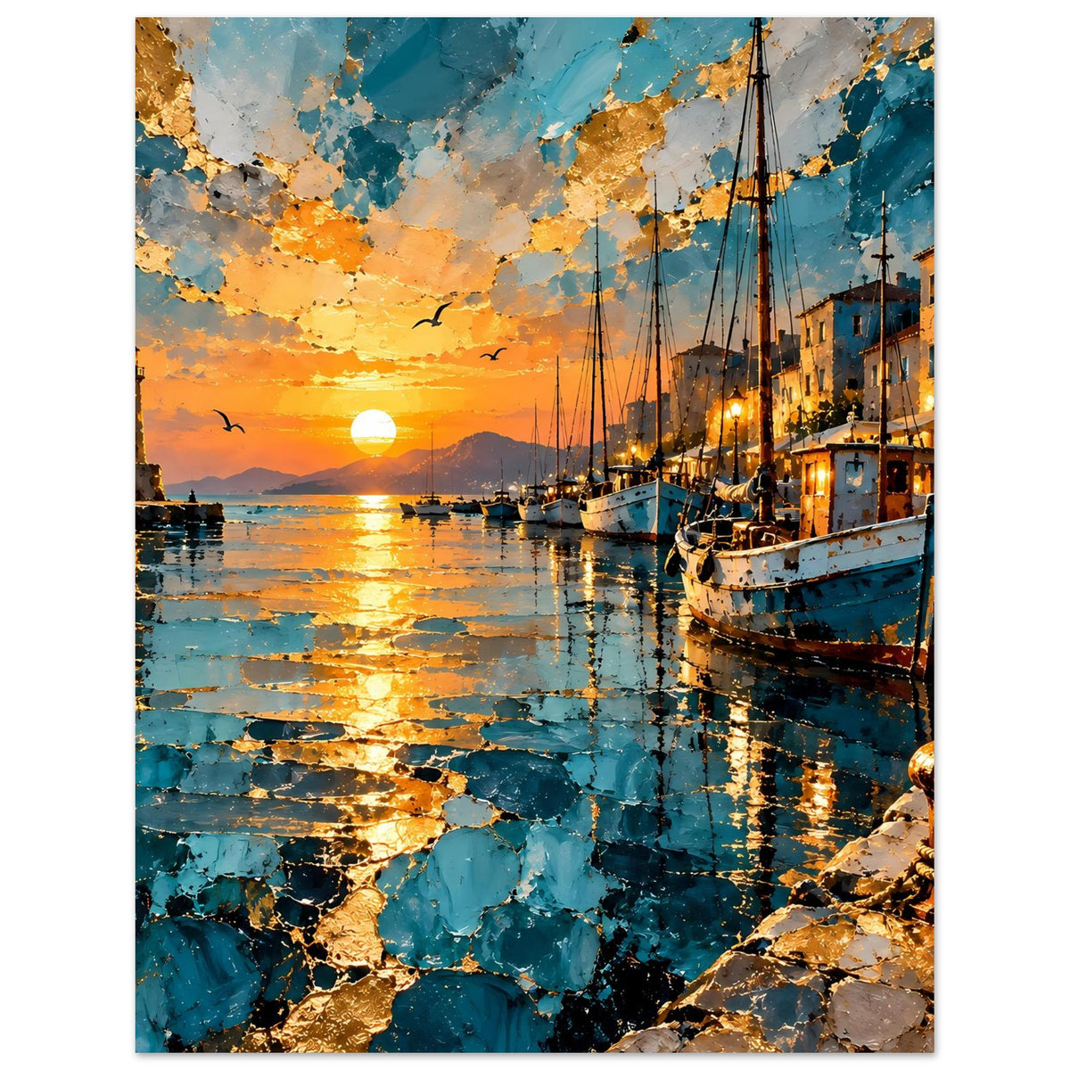Kunstdruck Hochformat: Wasser mit Reflexen, türkis/orange Spachteloptik und goldene Akzente