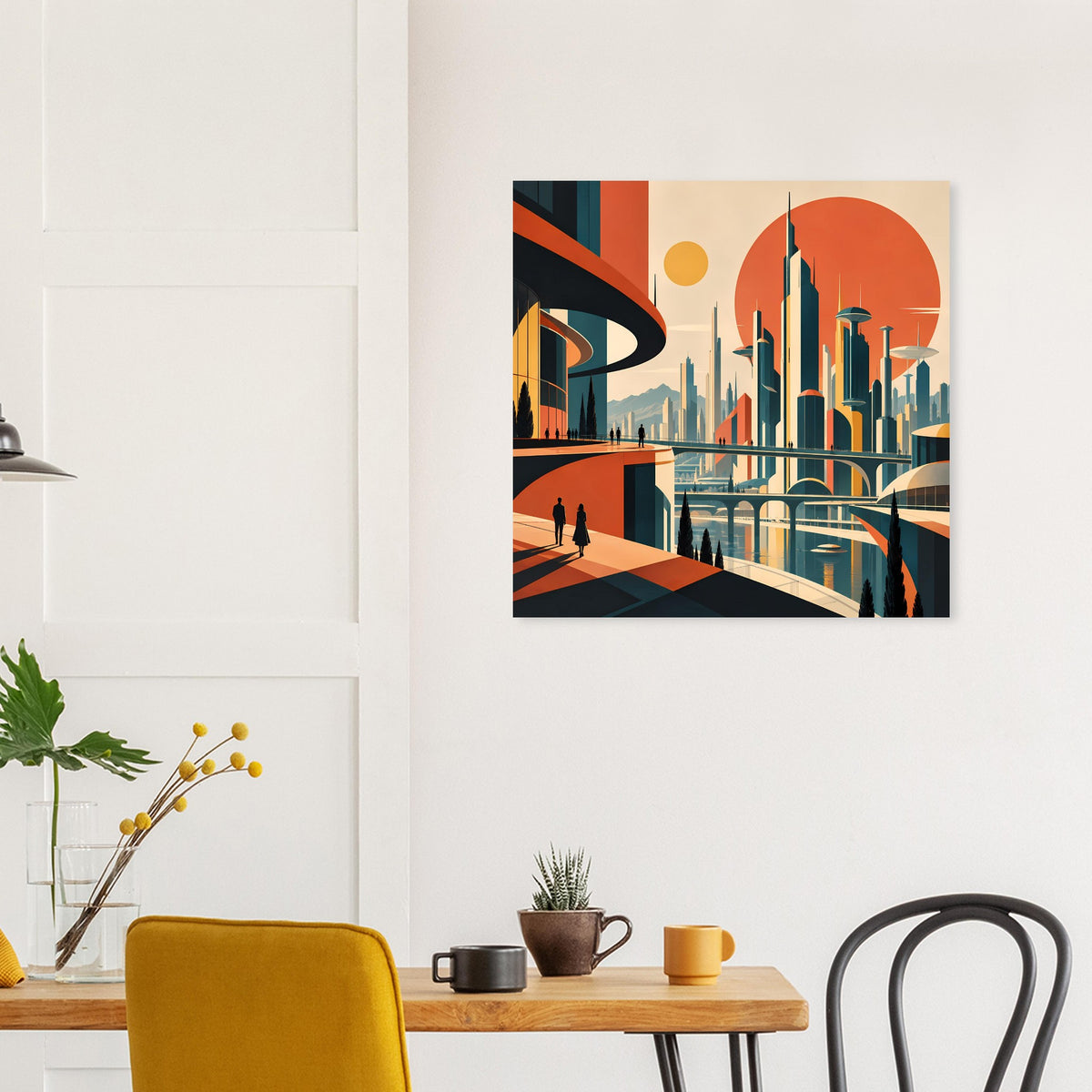 Wandposter mit retro-futuristischer Architektur: Türme, Wasserflächen und orangefarbene Sonne
