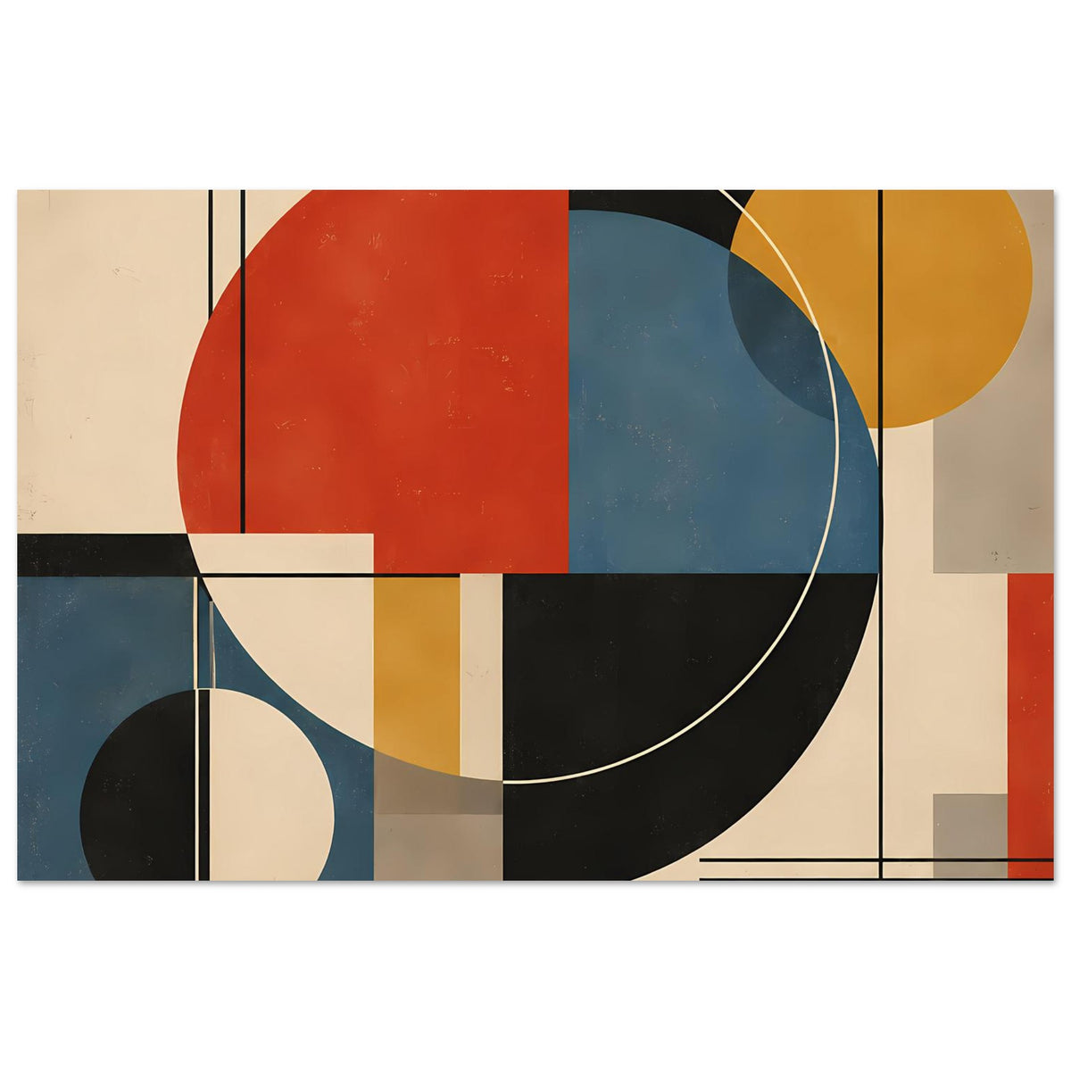 Abstraktes geometrisches Poster: großer schwarzer Halbkreis, rotes Feld, gelber Kreis.