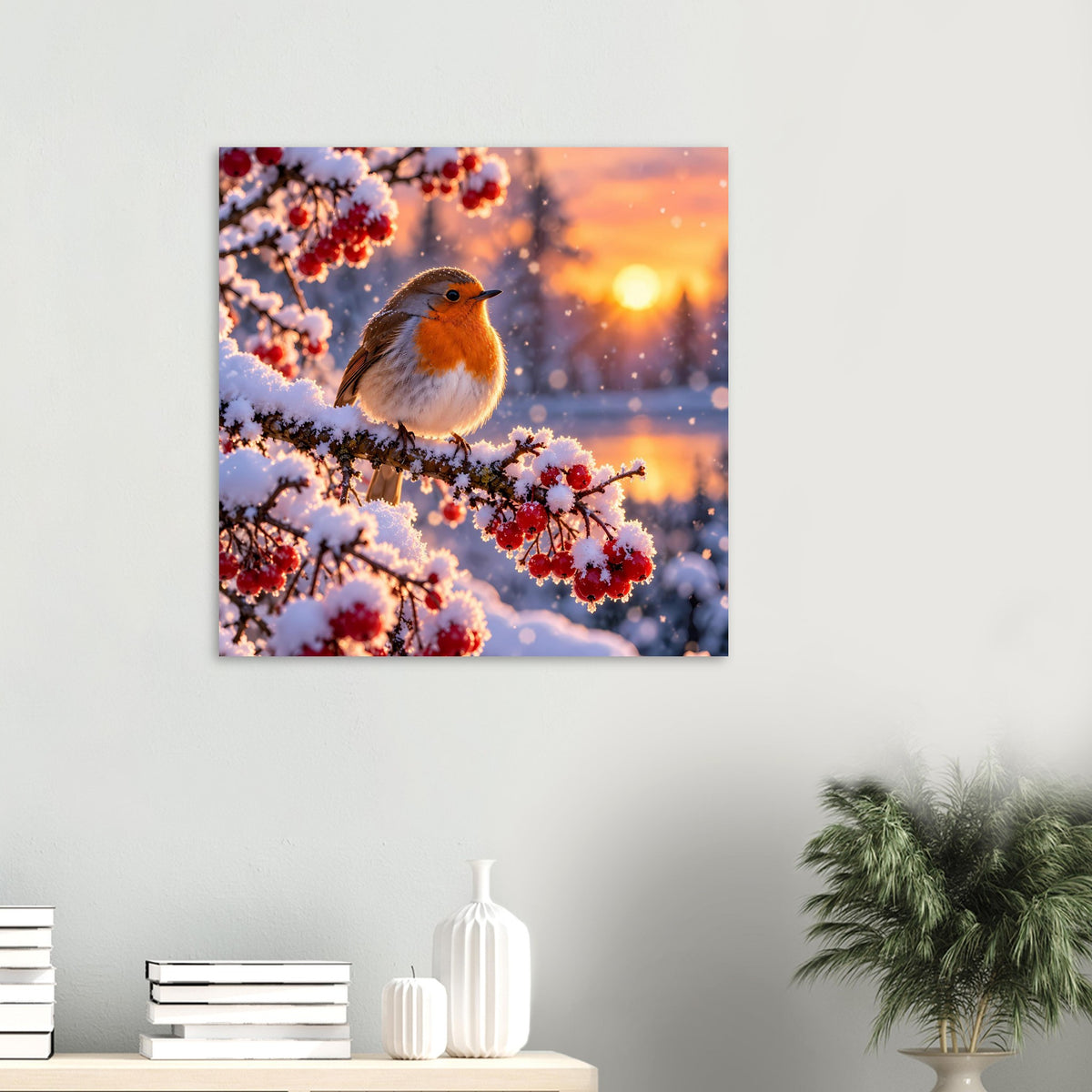 Quadratisches Poster mit Rotkehlchen auf winterlichem Ast, rote Beeren und warmes Licht