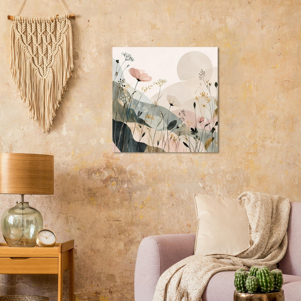 Quadratisches Blumenposter mit Pastellblüten, beigem Mondkreis und grünen Stielen