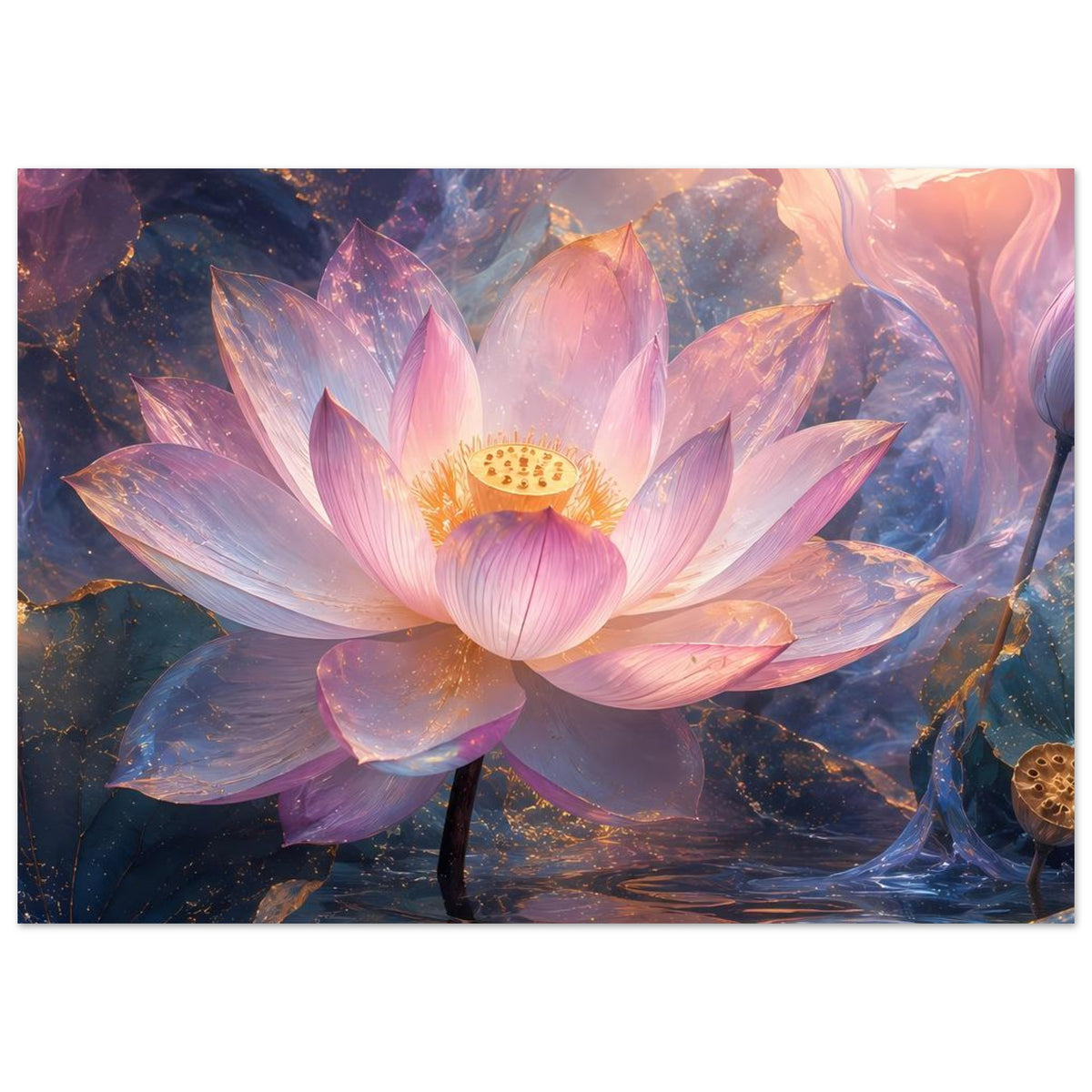 Lotusblüten-Poster, große rosa Blüte mit goldener Mitte, im Querformat