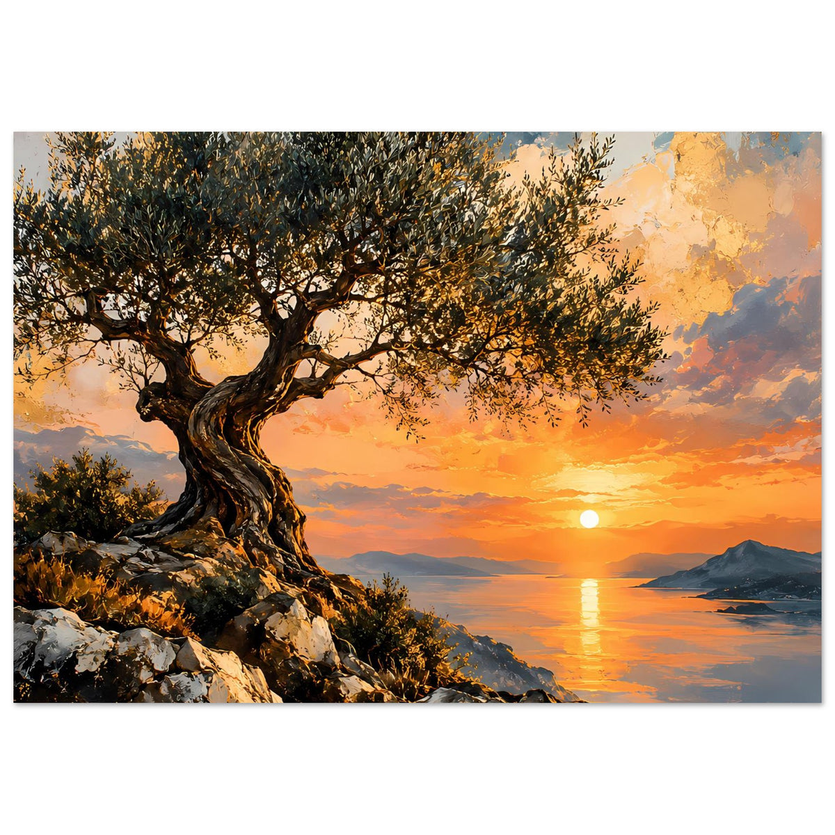 Horizontales Poster mit Olivenbaum, steinigem Ufer und goldenem Sonnenuntergang im Blick