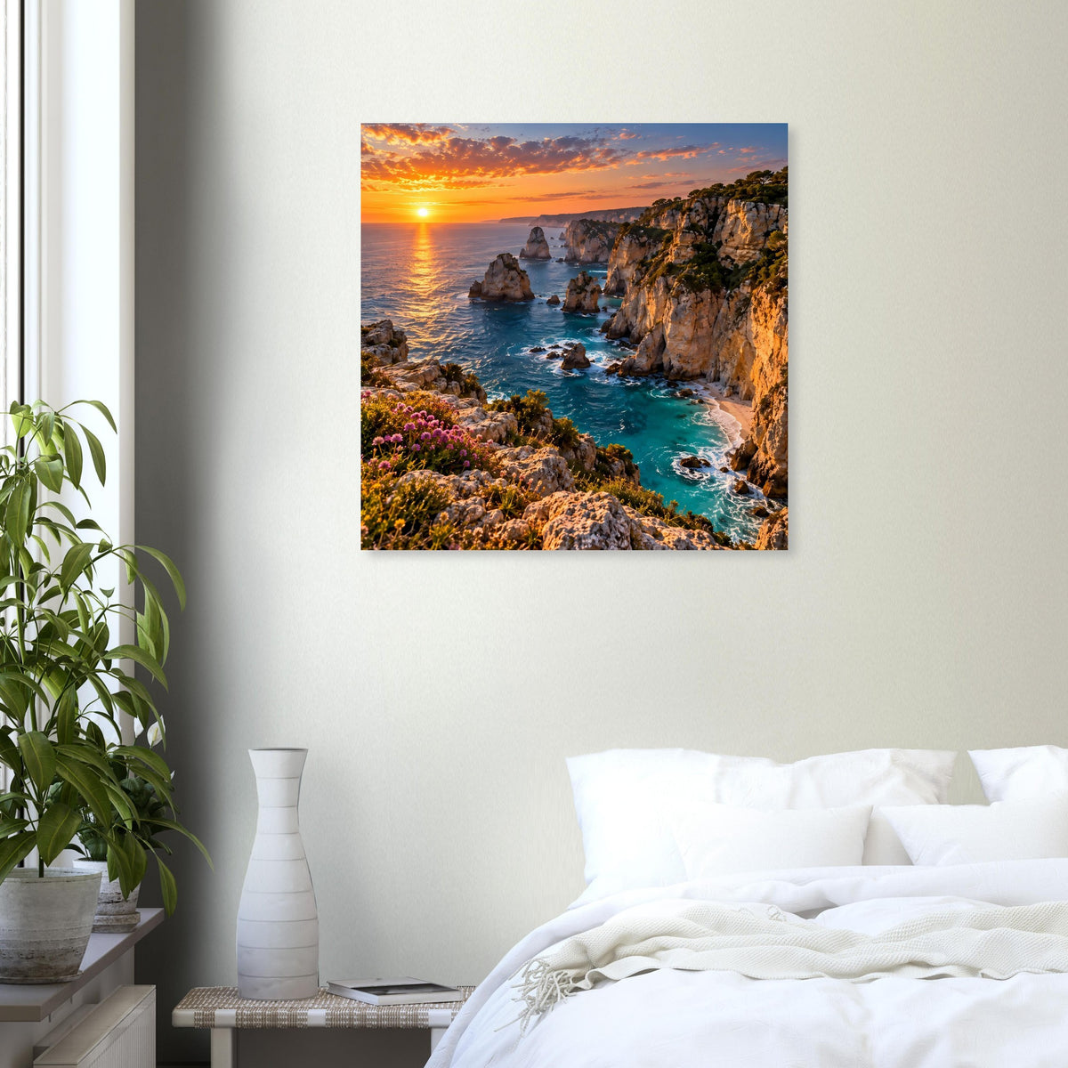 Quadratisches Küstenposter mit Sonnenuntergang, Felsen, türkisfarbenem Wasser und Strandvegetation
