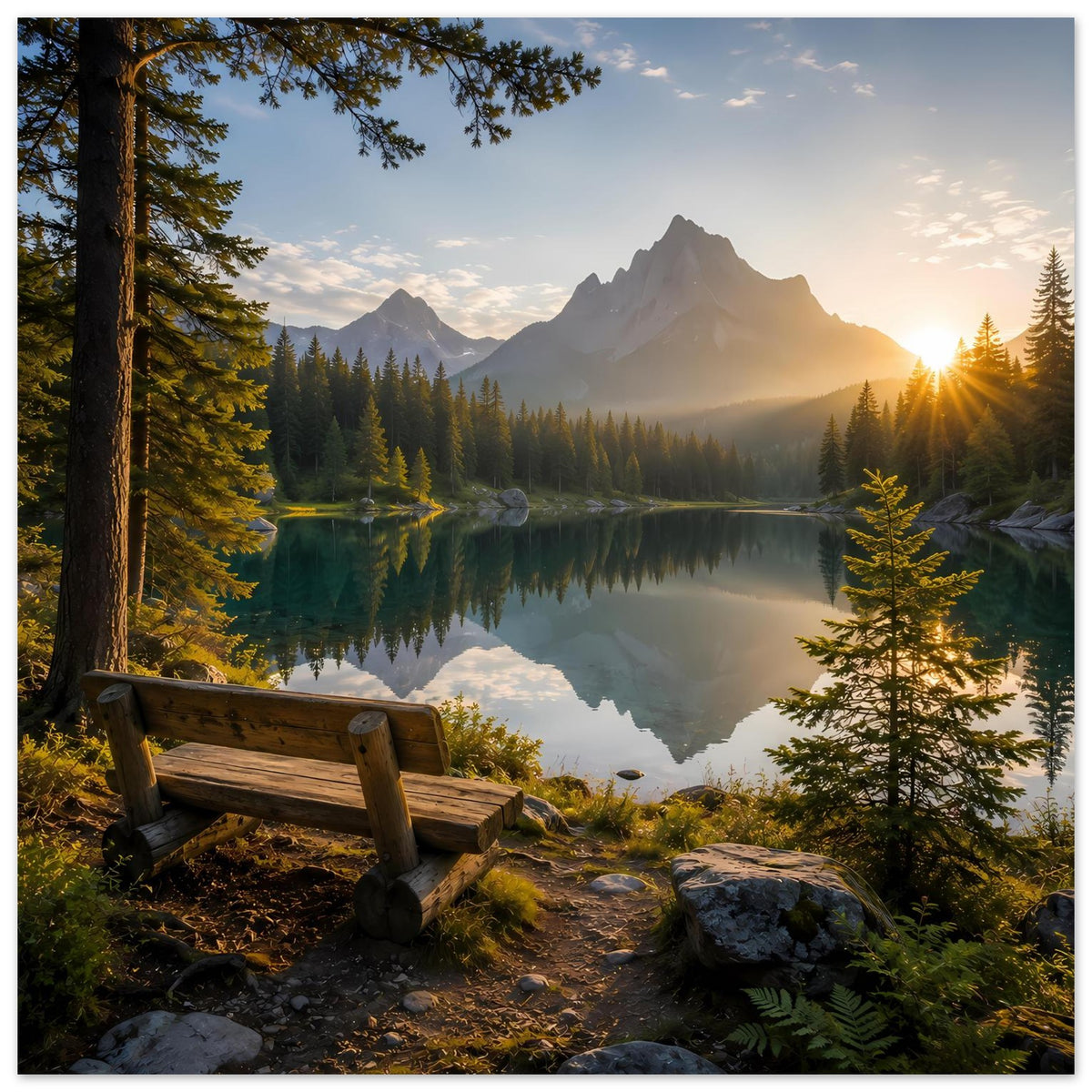 Quadratisches Poster: Bergsee bei Sonnenaufgang, Bank am Ufer, Berge im Dunst