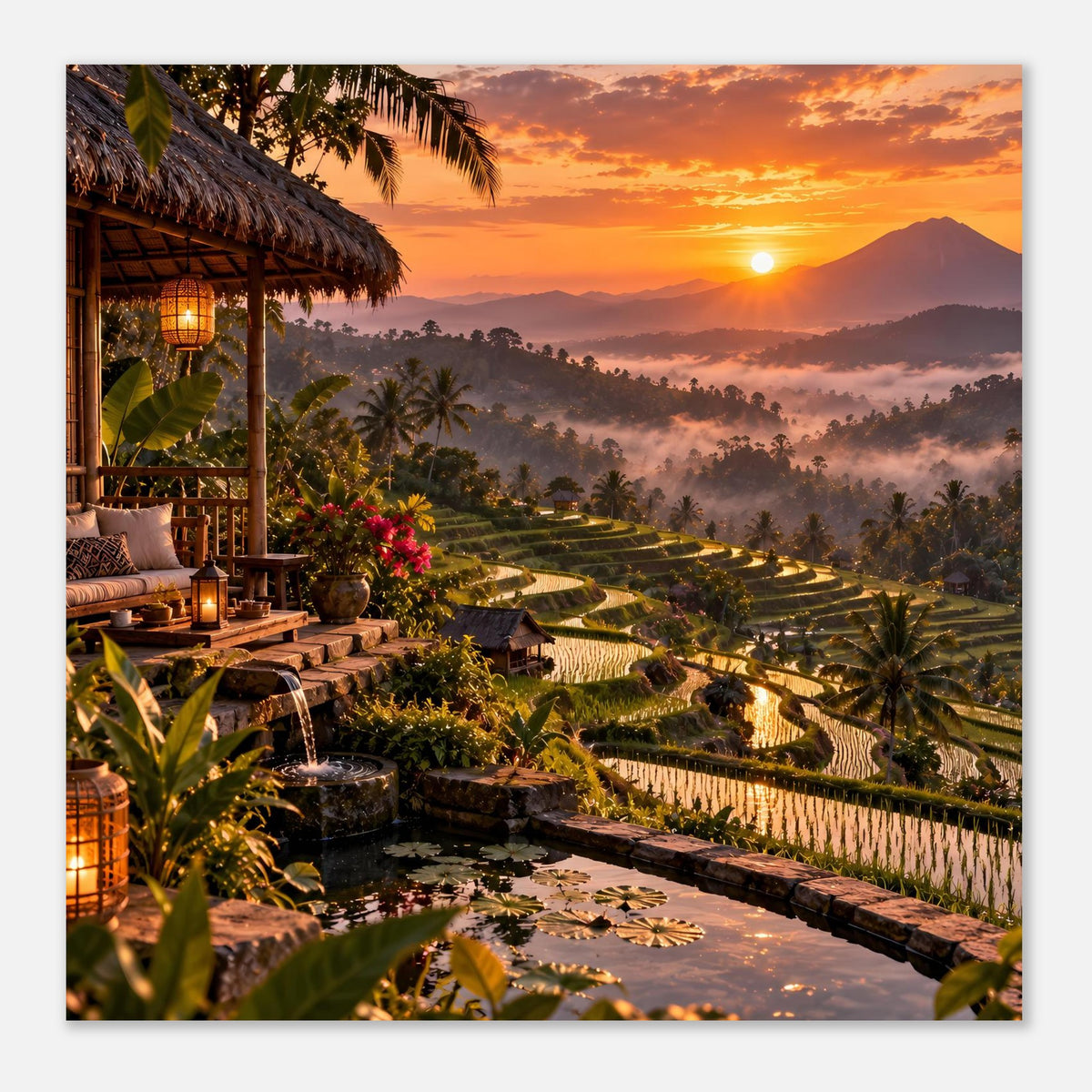 Poster mit tropischer Lodge, Blumen und Bali-Reisterrassen im warmen Sonnenuntergang