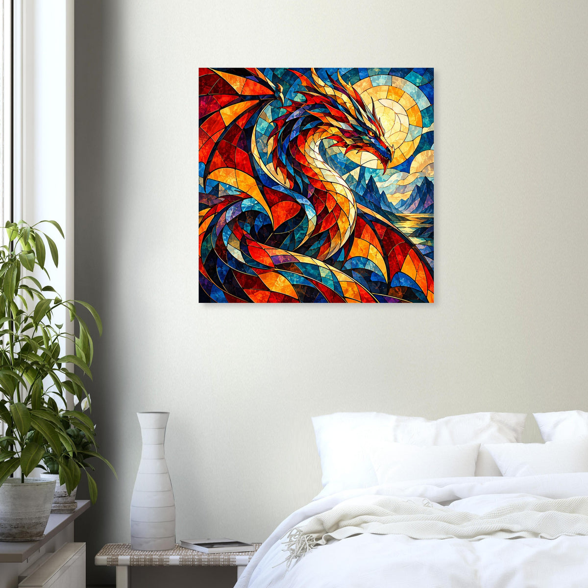 Quadratisches Drachen-Glasmalerei-Poster mit dynamischem Drachen und bunten Formen