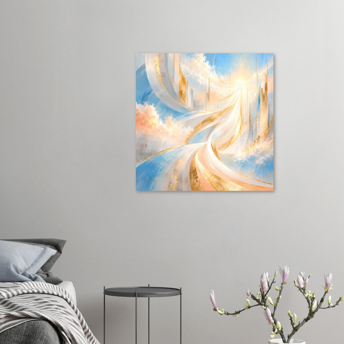 Kleines abstraktes Poster mit blauen und goldenen Wirbeln, quer
