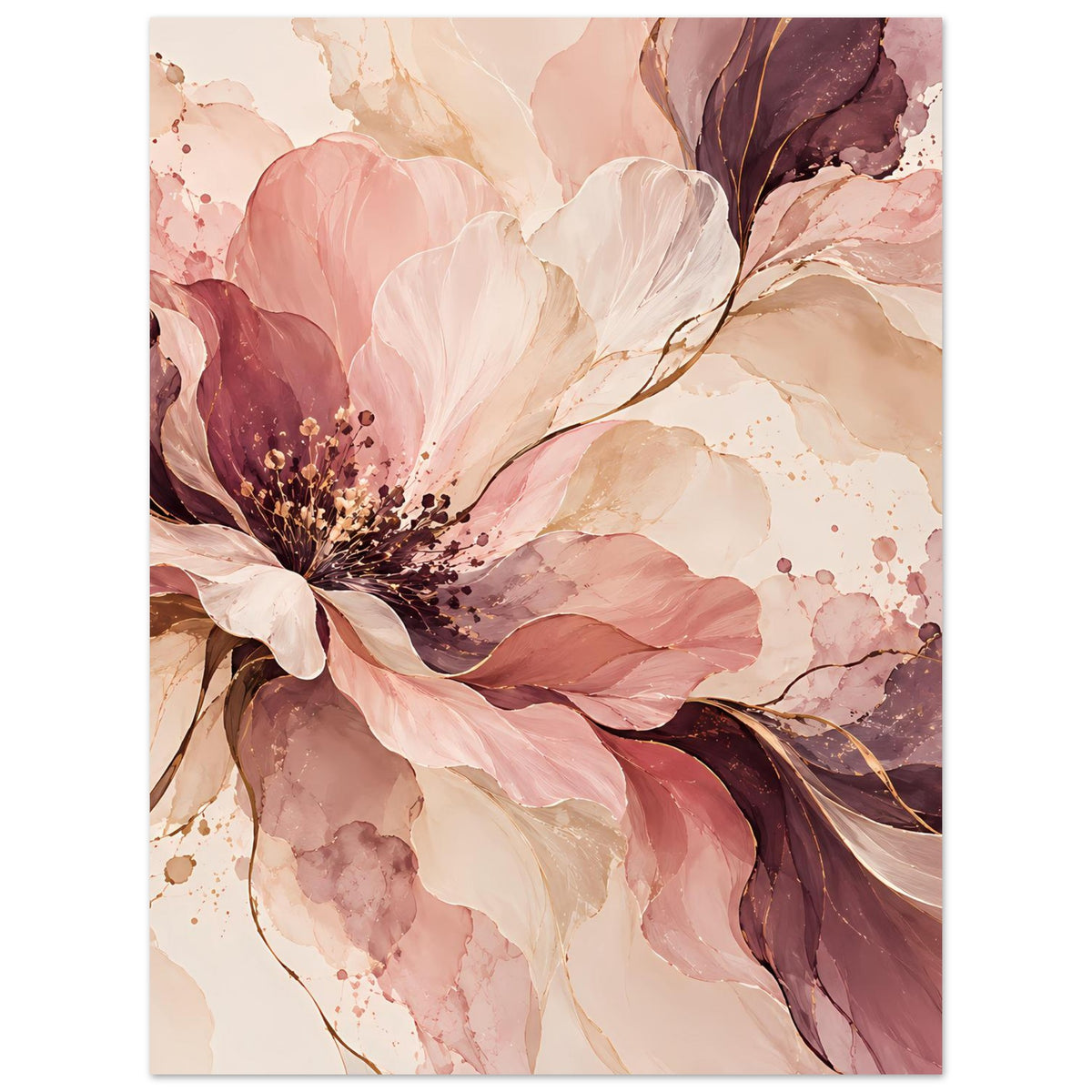 Blütenposter im Hochformat mit pastelligen rosa Blüten und dunkleren Beerentönen, floral abstrakt