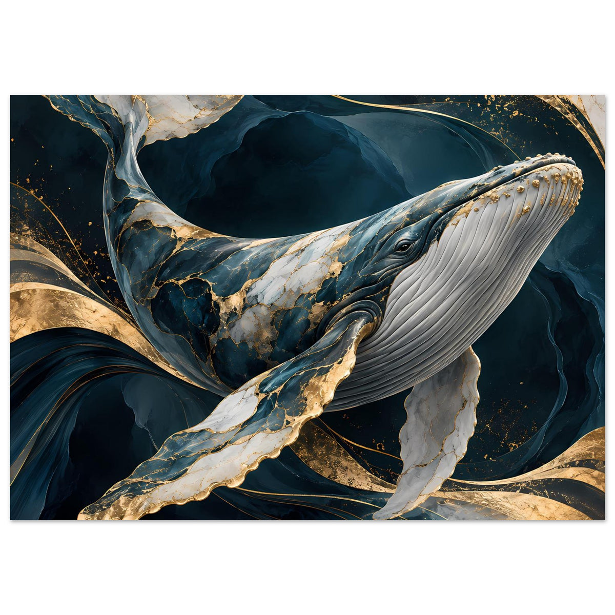 Poster mit Wal und Flossen, Dunkelblau, Gold, horizontal