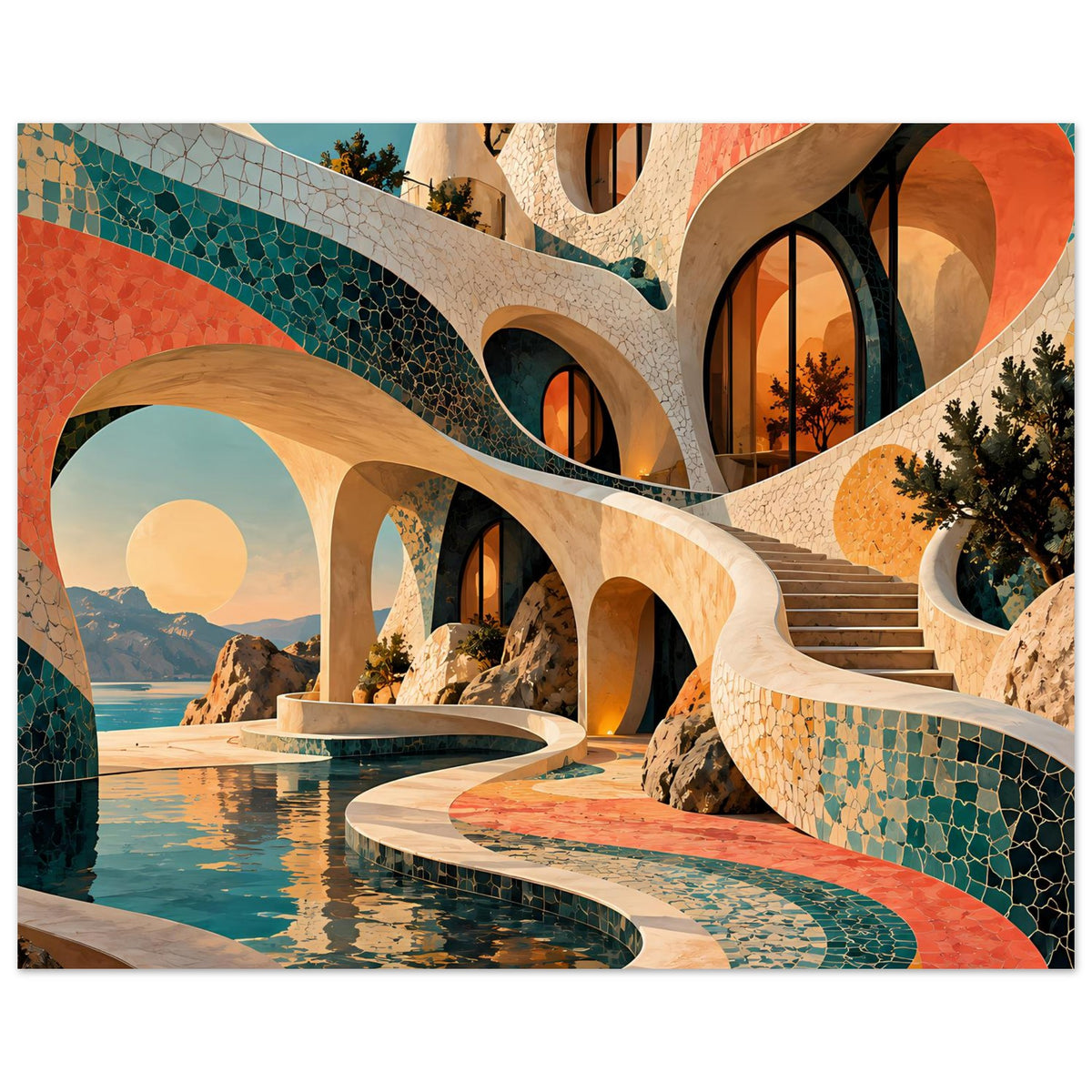 Kunstposter: surreale Mosaikarchitektur in Türkis und Koralle, mit Rundpool