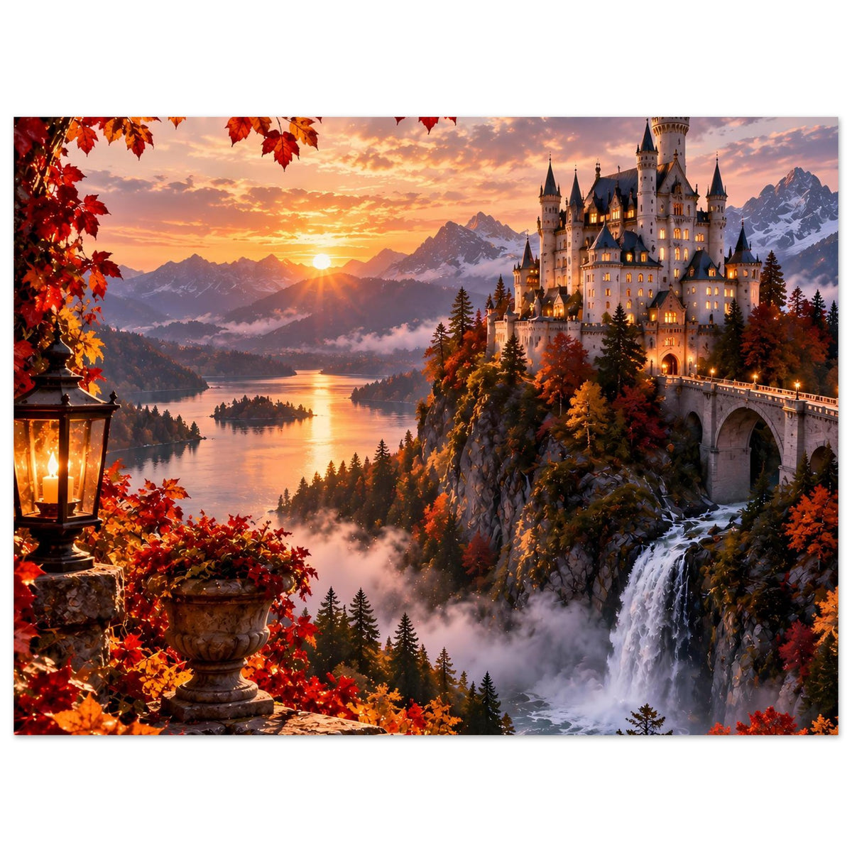 Herbst-Poster im Hochformat mit Schloss, Flussnebel, leuchtenden Fenstern und Wasserfall.