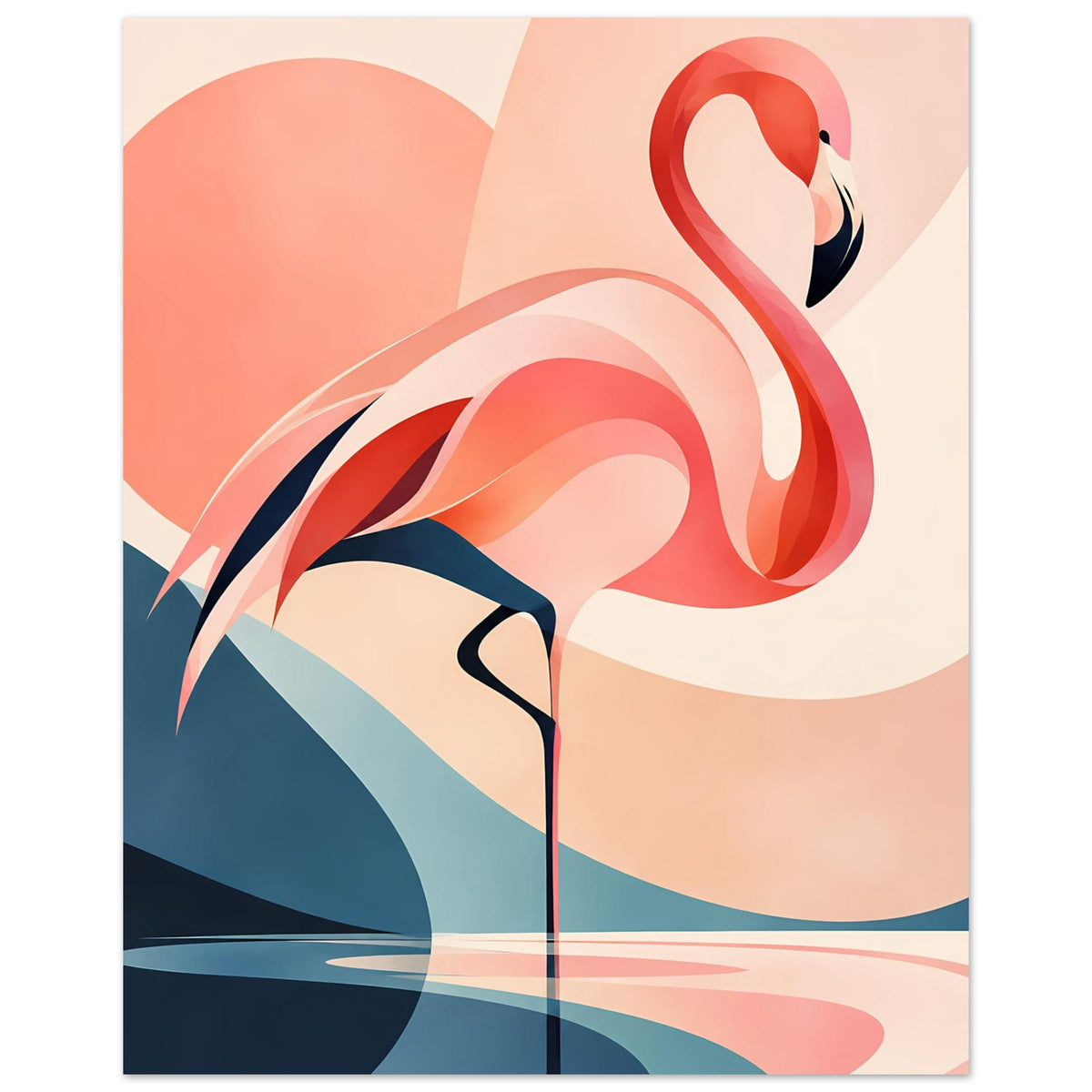 Kunstdruck mit Flamingo in Rot und Rosa, links dunkles Blau, rechts helle Kreisformen