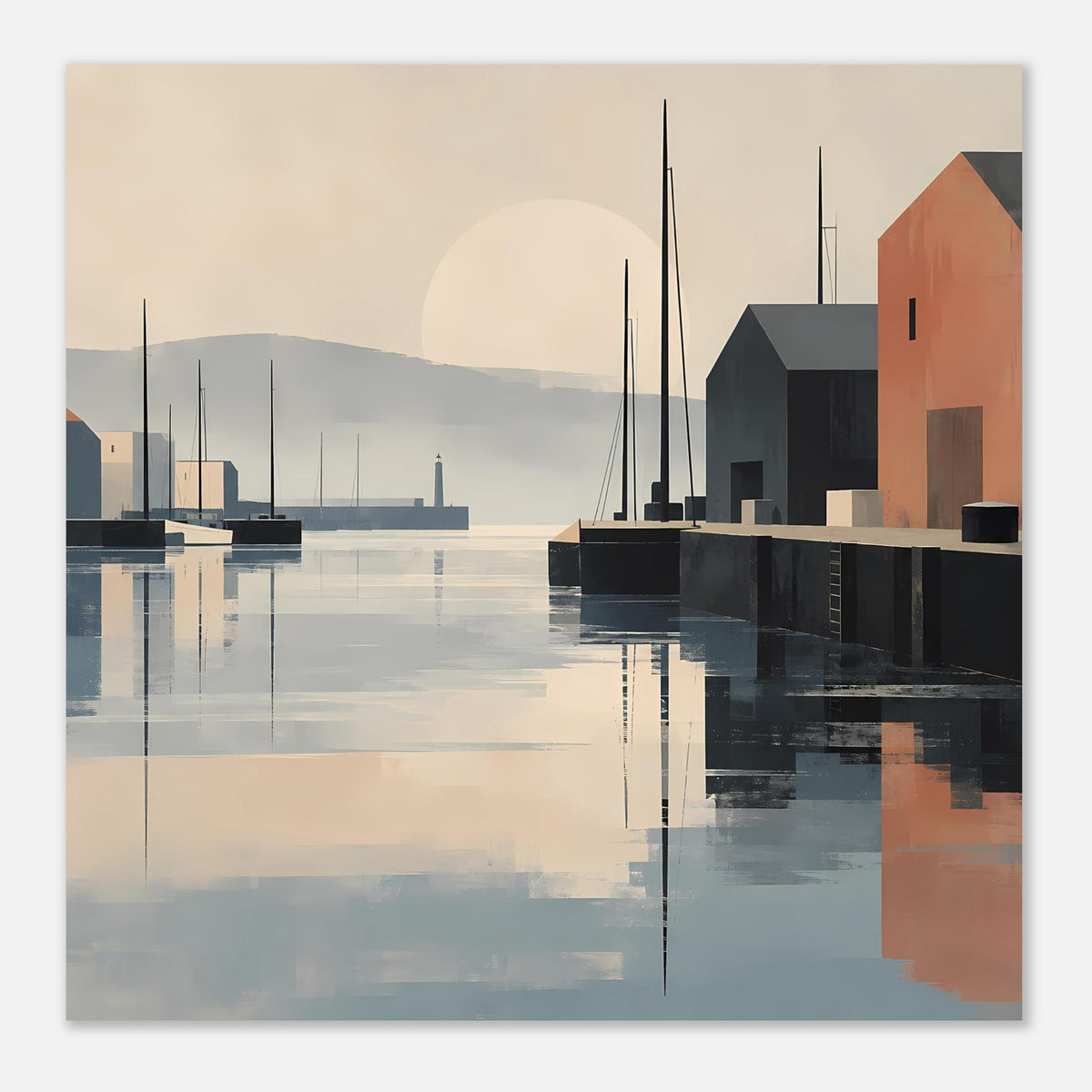 Minimalistisches Hafen-Sonnenuntergangs-Poster im Querformat, abstrakte Boote und Gebäude, Rand