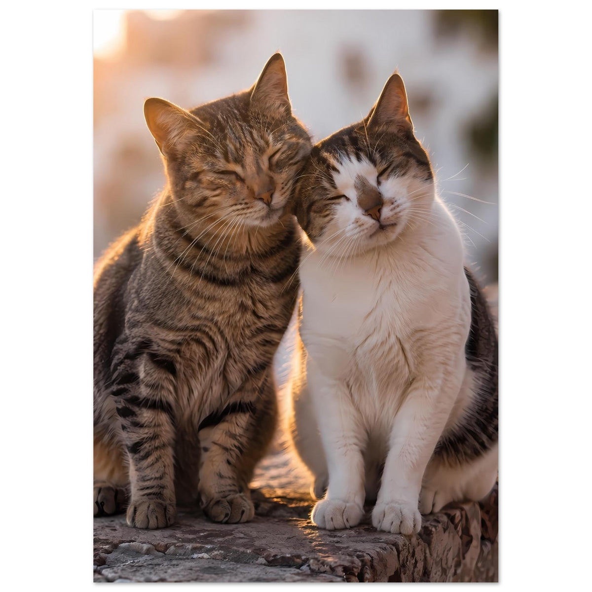 Poster mit zwei Katzen im Nahporträt, braun getigert und weiß, aneinandergedrückt