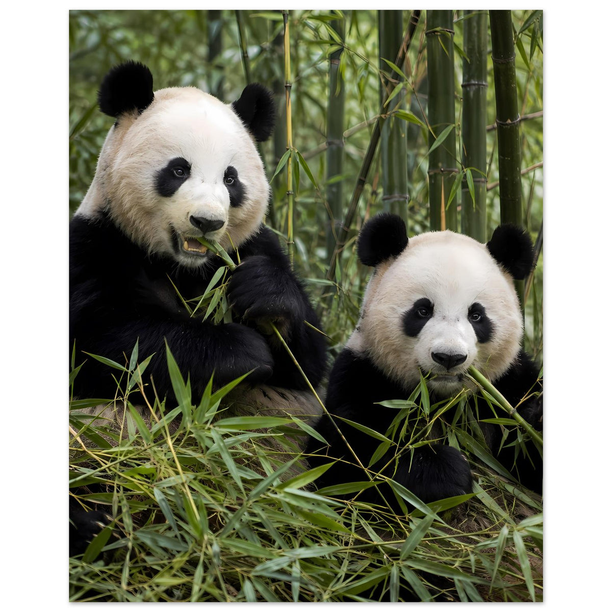 Duo-Poster mit zwei Pandas im Bambus, beide mit Grünzeug im Blick