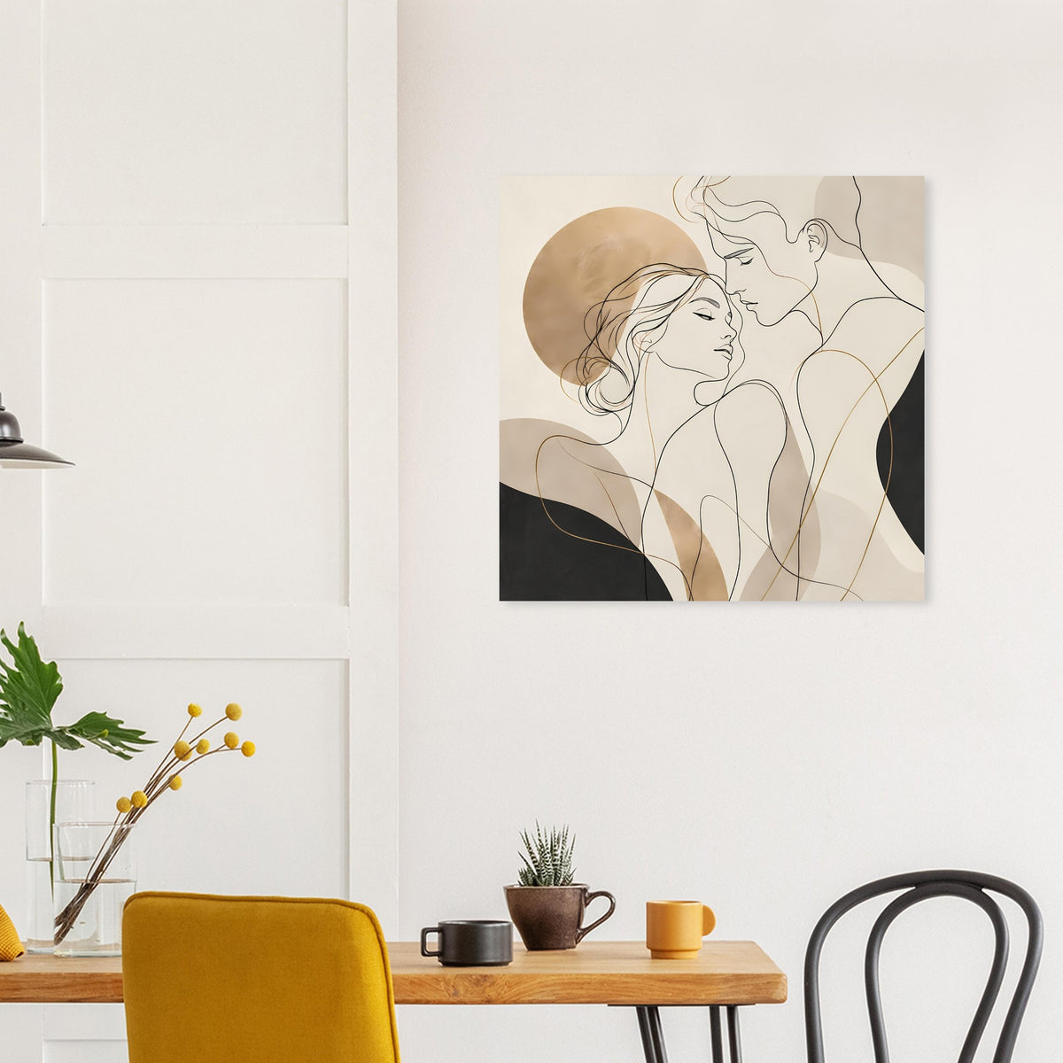 Quadratisches Poster mit Linienkunst zweier Personen in beigen, braunen und dunklen Flächen