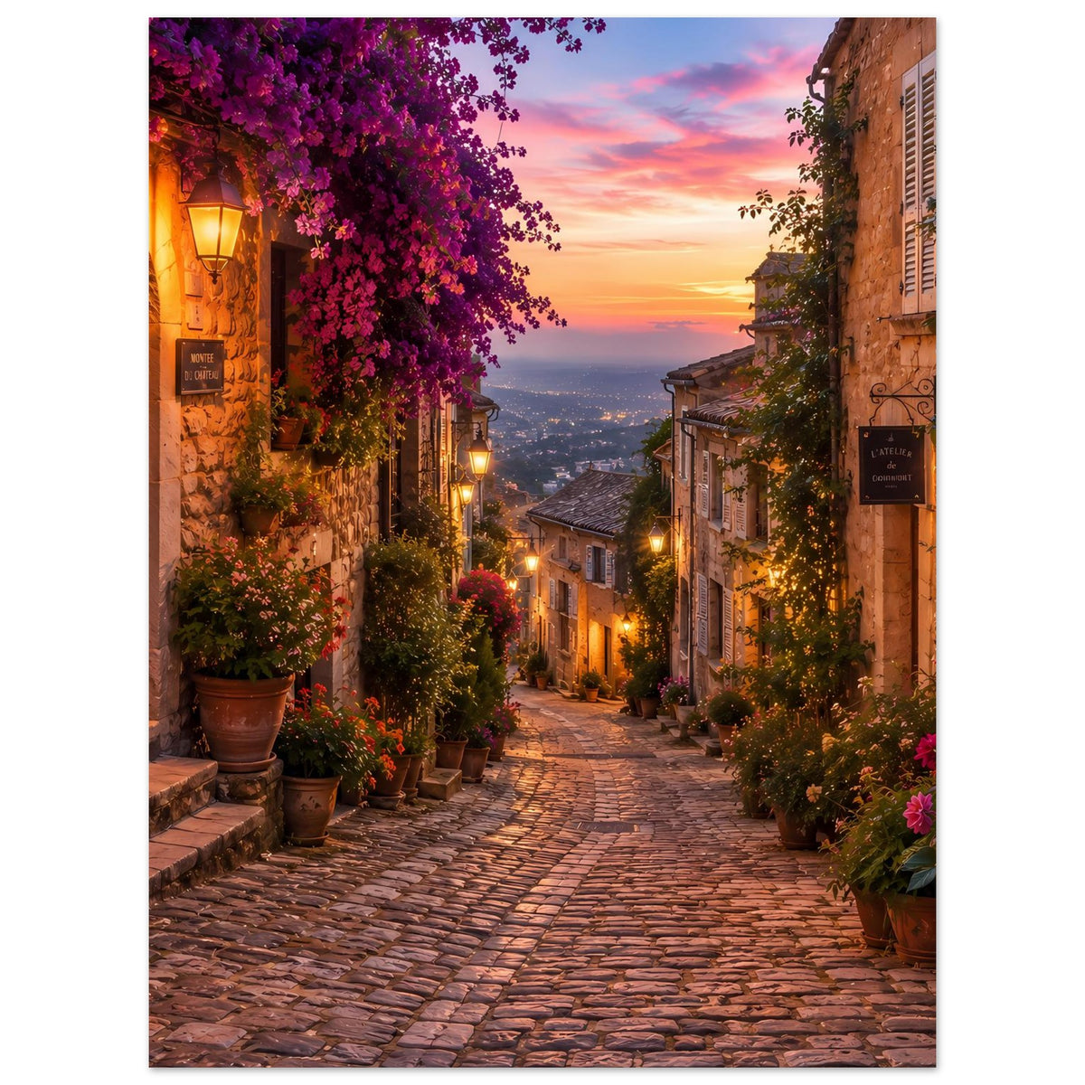 Poster Motiv: romantische Gasse bei Sonnenuntergang mit lila Blüten, Pflanzen in Töpfen und Lichterketten