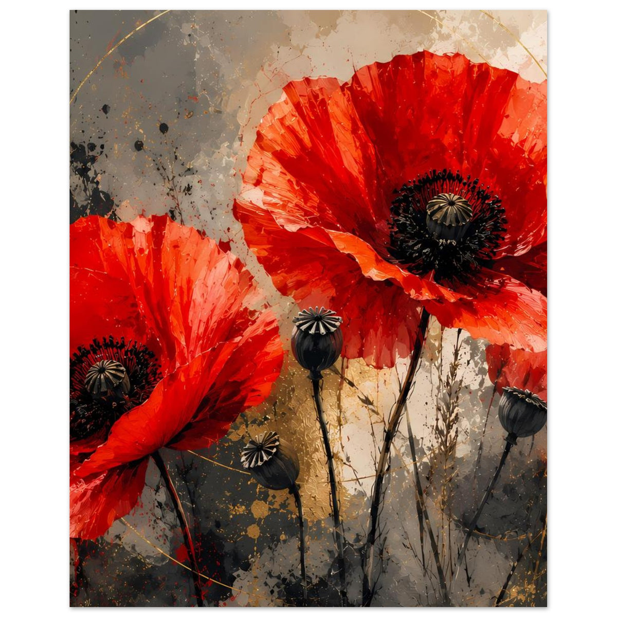 Poster mit roten Mohnblumen und schwarzen Samenköpfen, Blick auf zentrale Blüte und Stiele