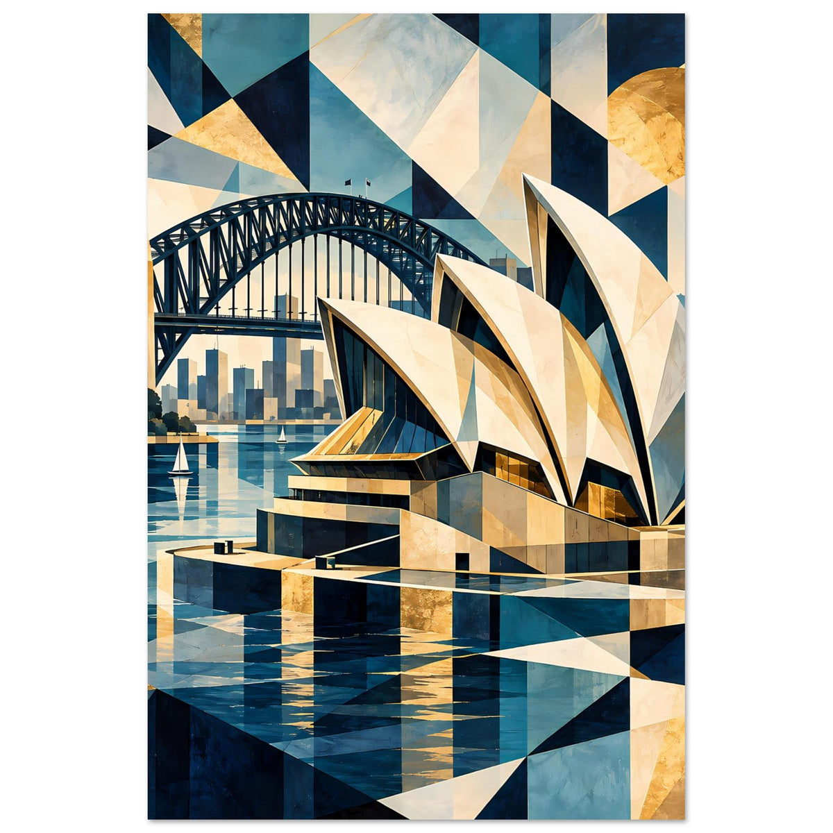 Kunstdruck (hochkant) mit geometrischem Sydney-Motiv: Opernhaus, Bridge und goldene Dreiecke