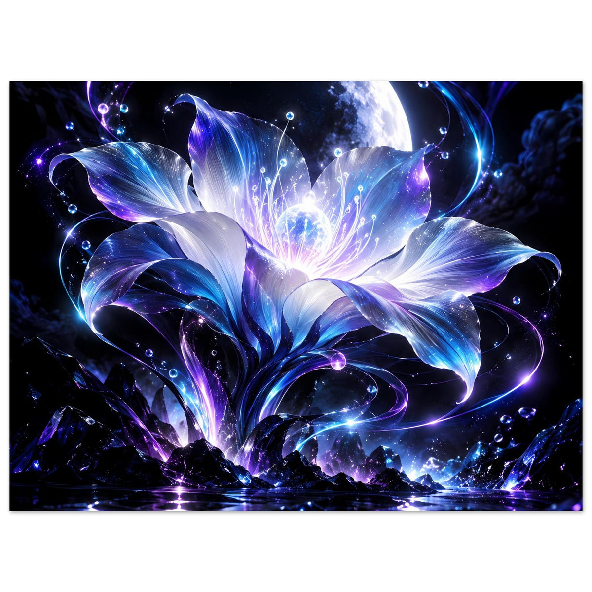 Gerahmtes Poster mit strahlender Blüte in Blau/Violett und planetenartigem Mondhintergrund