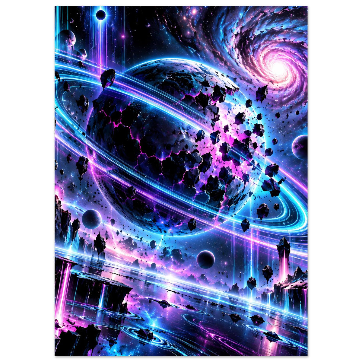 Neon-Galaxie-Poster mit violetten Sternhaufen, blauen Lichtspuren und fliegenden Silhouetten