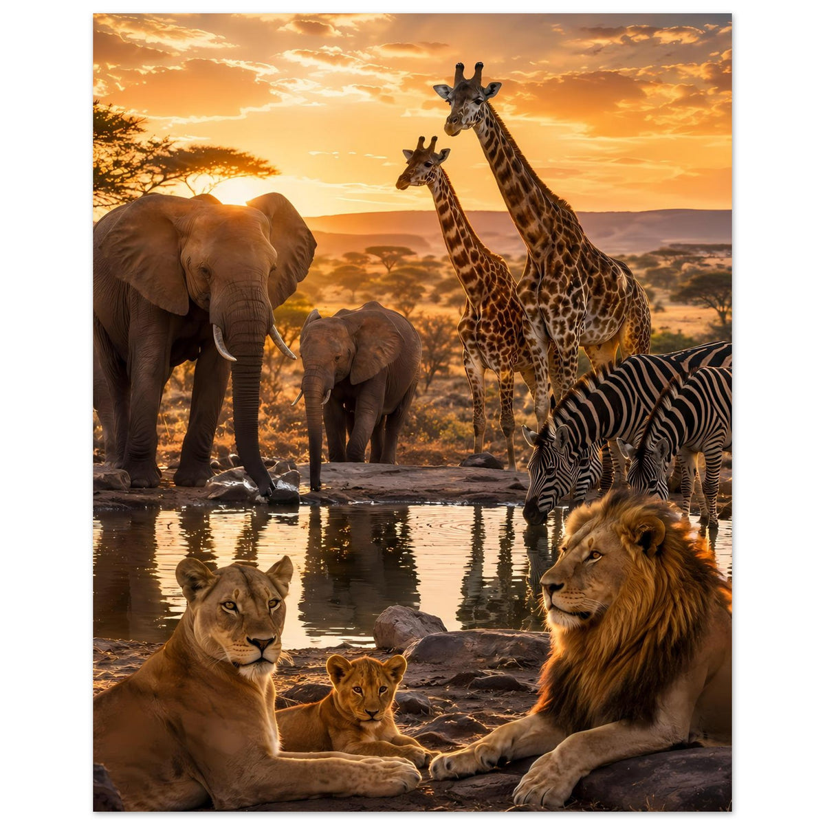 Vertikales Safari-Tierposter: Löwe und Löwin, Elefant, Giraffen und Zebra am Wasser