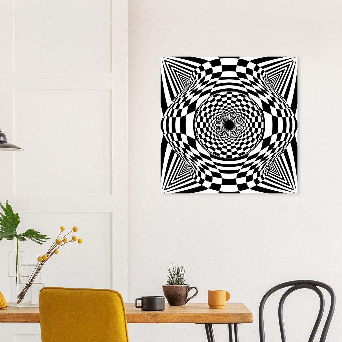 Quadratisches Poster mit hypnotischem schwarz-weißem Schachbrettmuster und Kreismitte.
