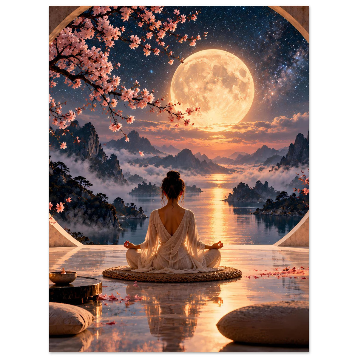 Meditationsposter: Vollmondnacht über Flusslandschaft, meditierende Figur mit offenen Händen